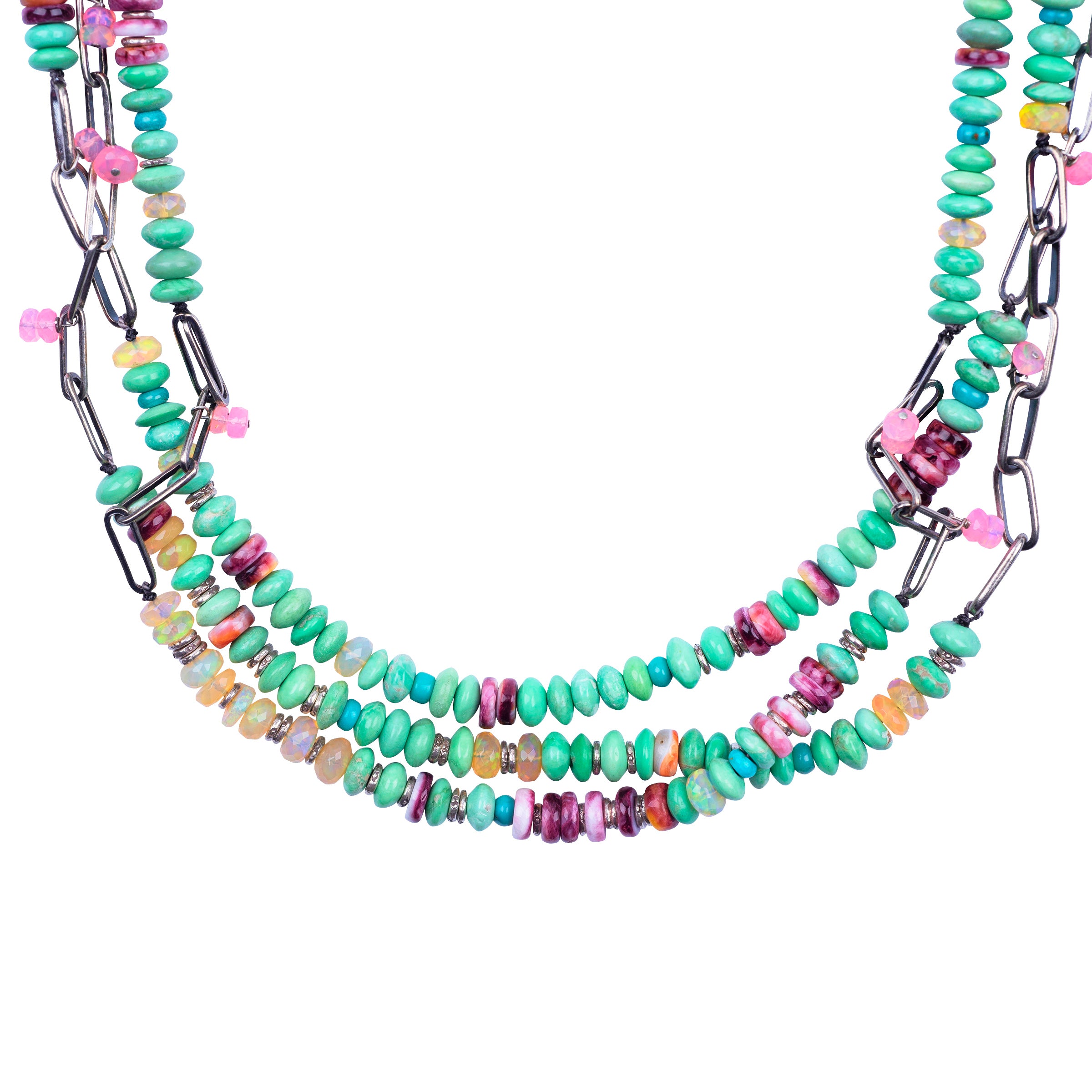 Semi-precious stone mix in turquoise, opal and spiny oyster shells mixed with Sterling Silver Chain. 