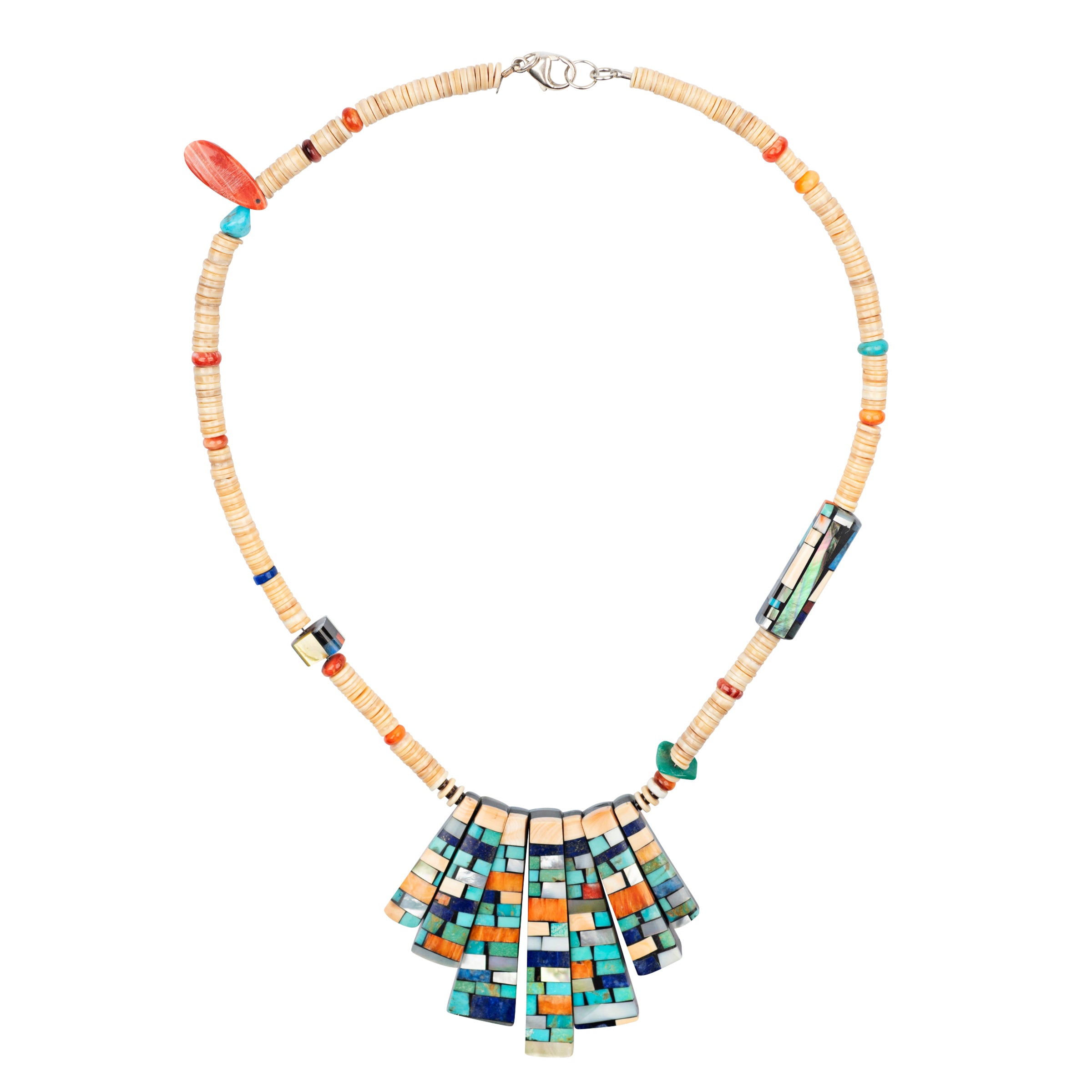 Charlene Reano Duality Necklace, native, turquoise, melon, jet, spiny oyster shell, mother of pearl, made in USA, accessory
