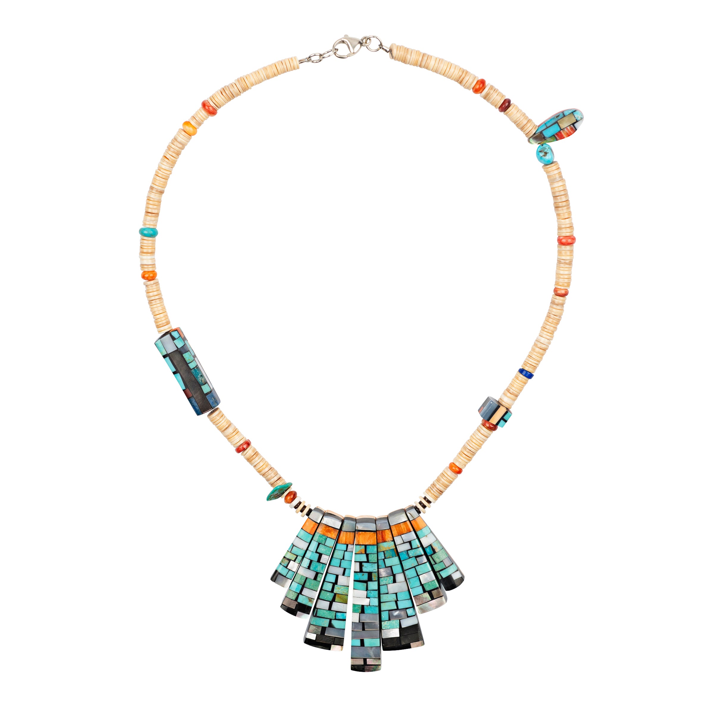 Charlene Reano Duality Necklace, native, turquoise, melon, jet, spiny oyster shell, mother of pearl, made in USA, accessory