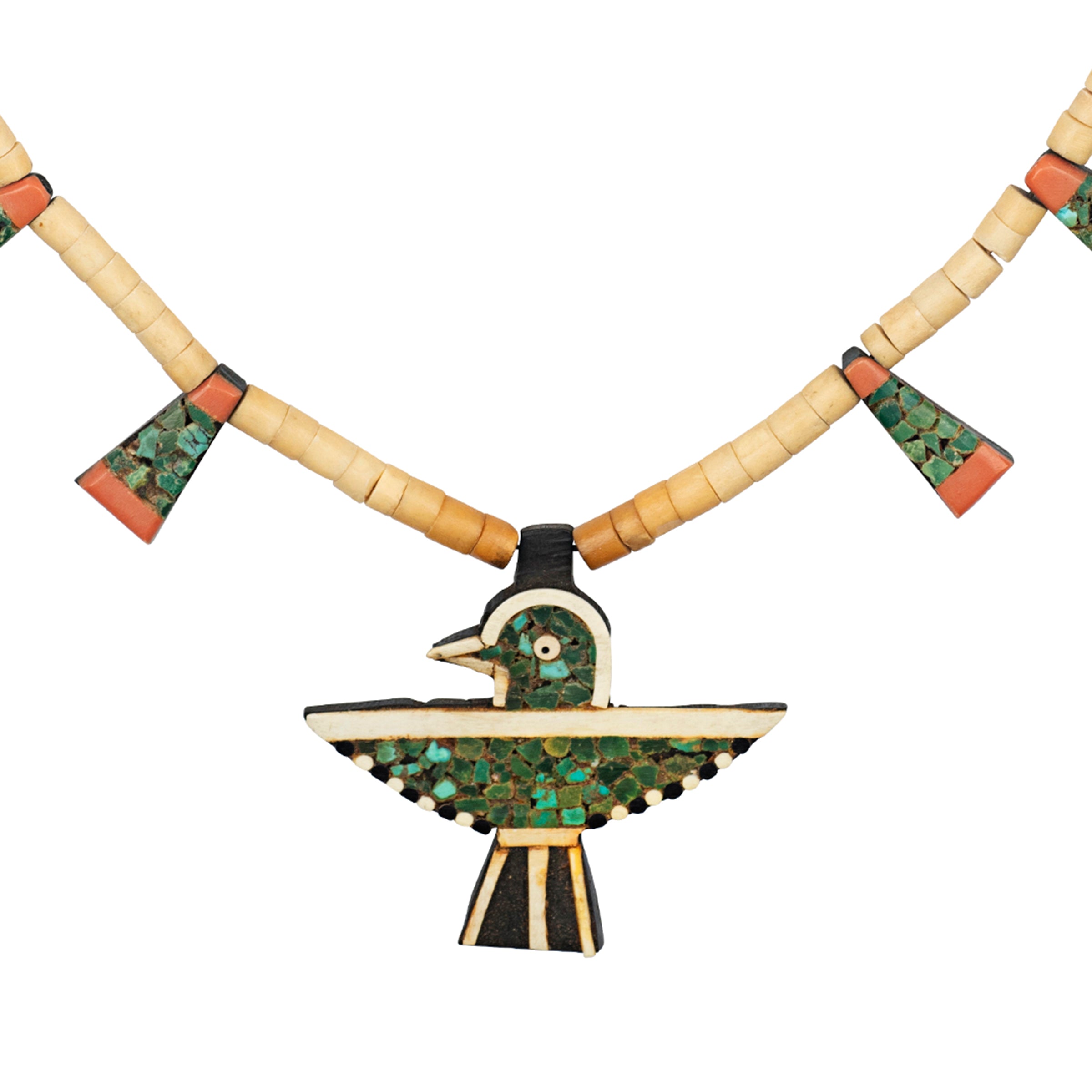 Vintage Route 66 Battery Bird Necklace (c.1930's), native, made in USA, turquoise, bone, white shell, Santo Domingo, 