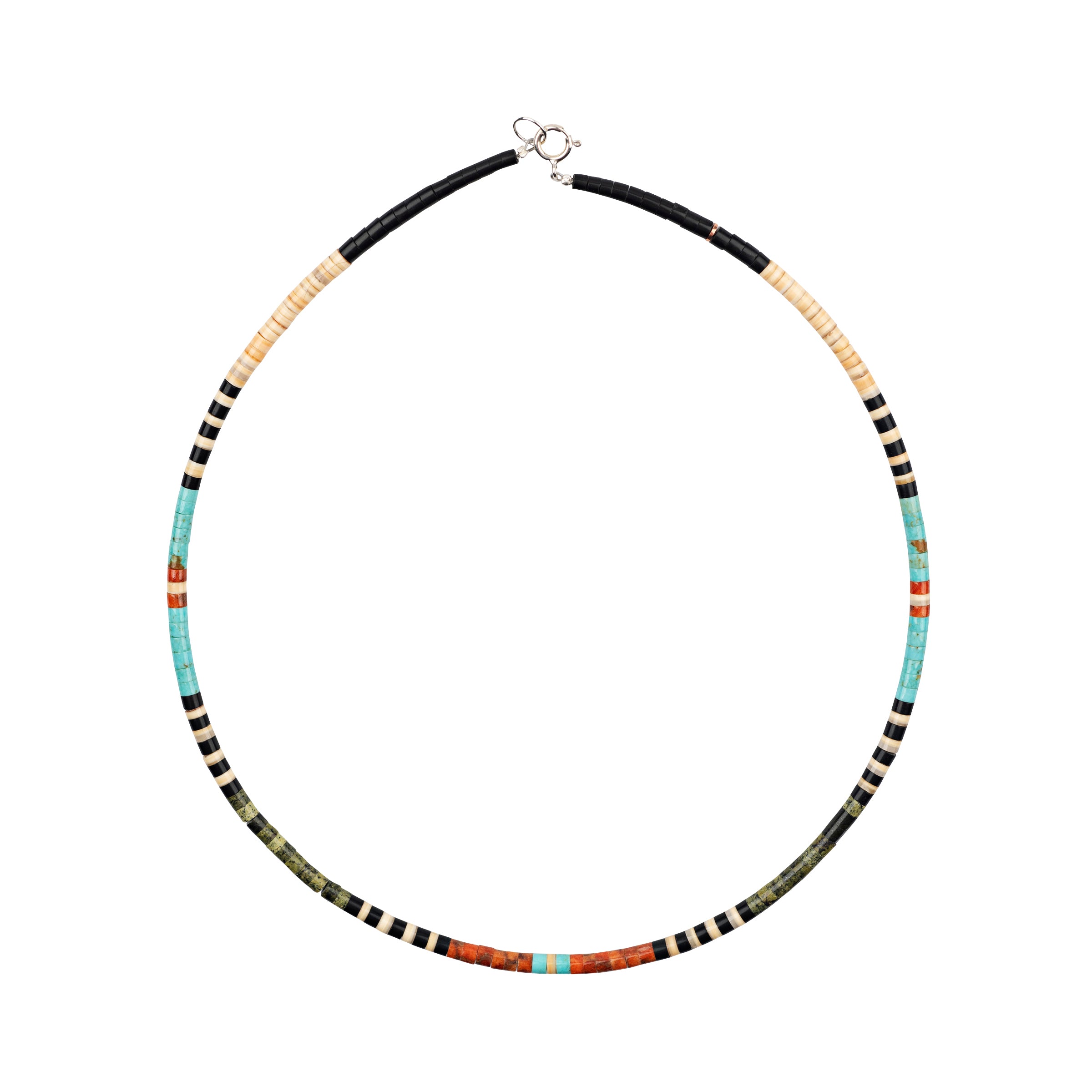 Mary & Gerald Calabaza, mesa spirit necklace, native, made in USA, artisan, silver, turquoise, jet, melon, spiny oyster shell, serpentine, accessory