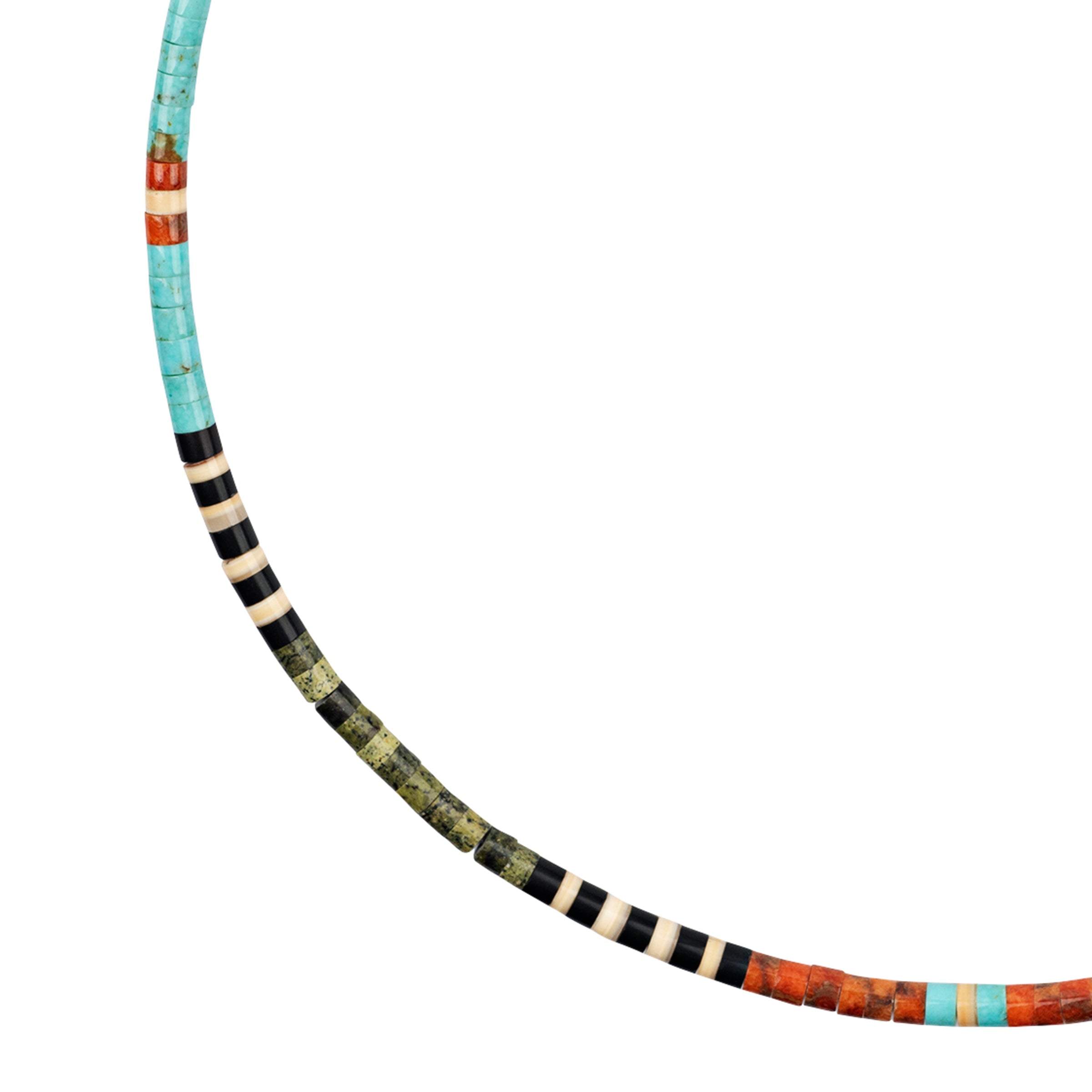 Mary & Gerald Calabaza, mesa spirit necklace, native, made in USA, artisan, silver, turquoise, jet, melon, spiny oyster shell, serpentine, accessory