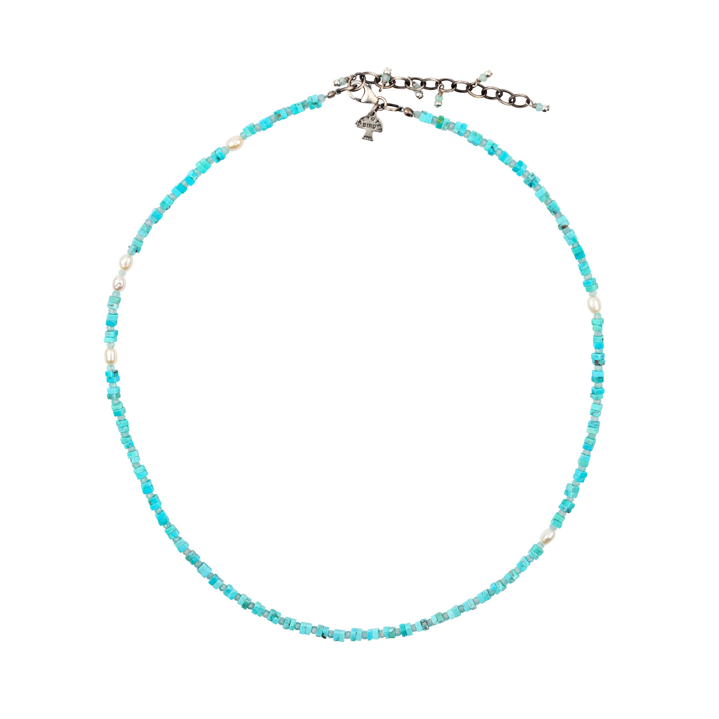 A Peyote Bird Original beaded necklace featuring square Blue Turquoise beading, Freshwater Pearls, and Blue Peruvian Amazonite. This necklace is adjustable from 16 to 18 inches.