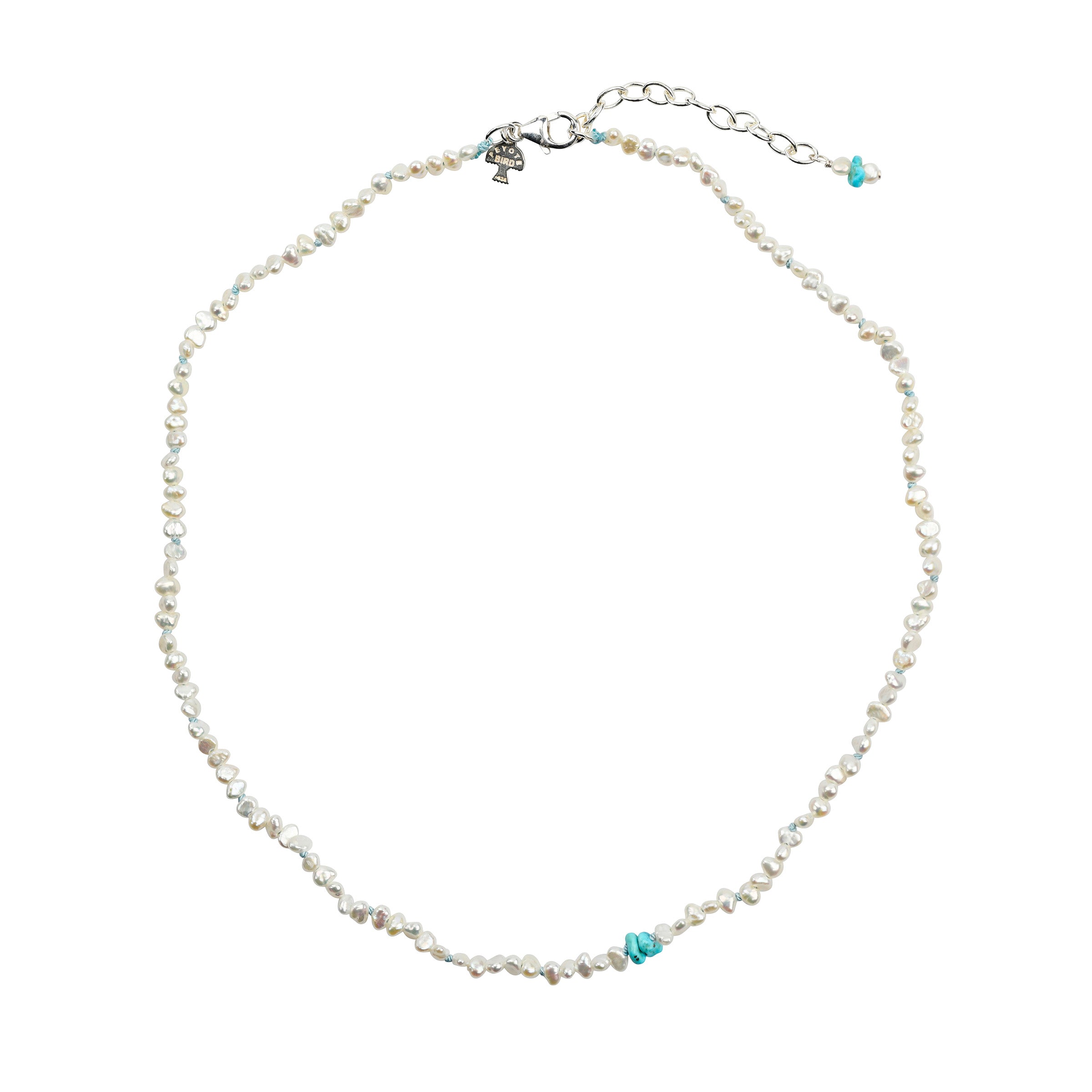 A Peyote Bird Original beaded necklace strung with Freshwater Pearls and a couple of small nuggets of Blue Turquoise as the focal point of this piece. This necklace is adjustable from 15.5 inches to 18 inches.