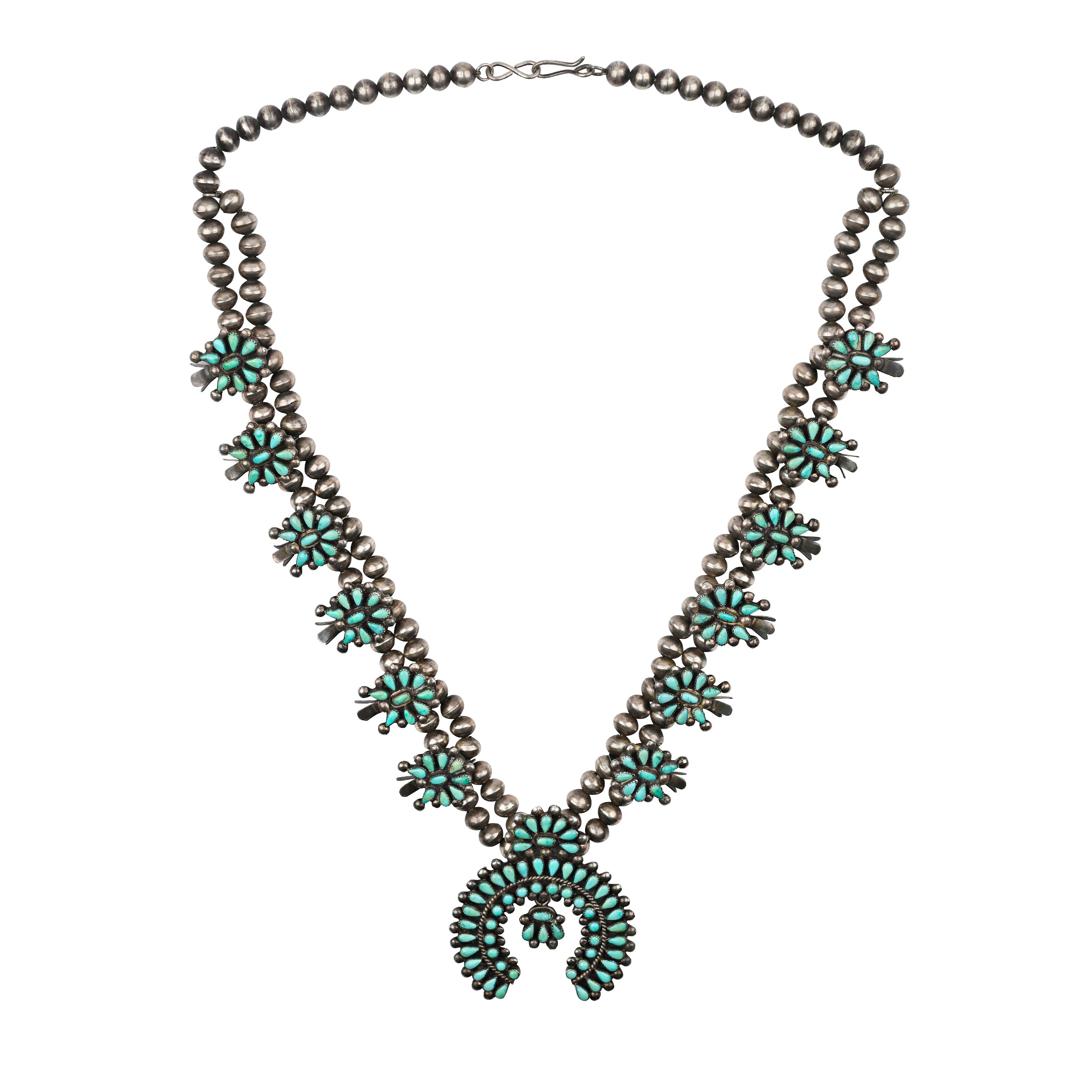 Vintage Zuni Squash Blossom Necklace (c.1940's), sterling silver, hand cut natural Nevada turquoise, made in USA, accessory, statement, wild west, hand made beads