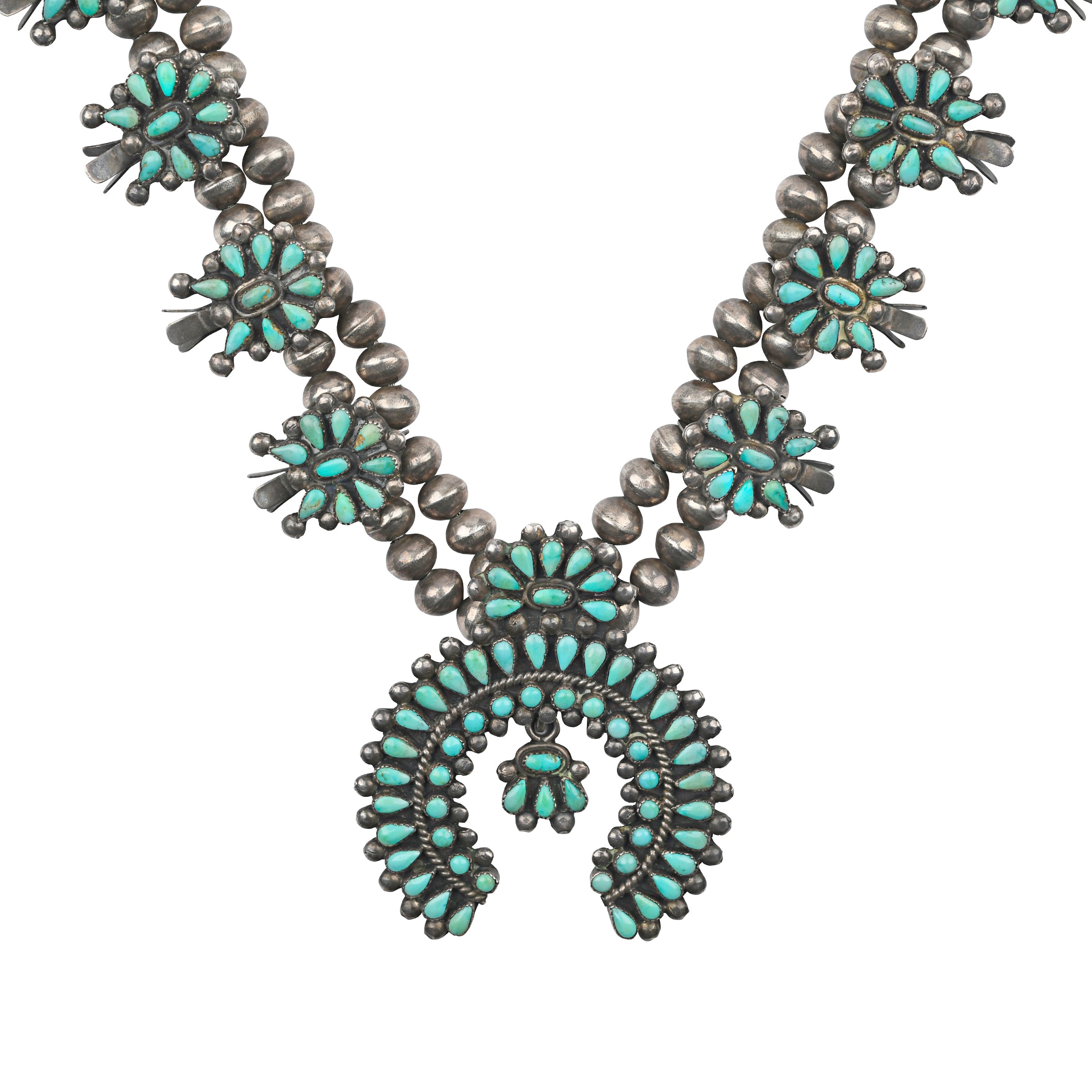 Vintage Zuni Squash Blossom Necklace (c.1940's), sterling silver, hand cut natural Nevada turquoise, made in USA, accessory, statement, wild west, hand made beads