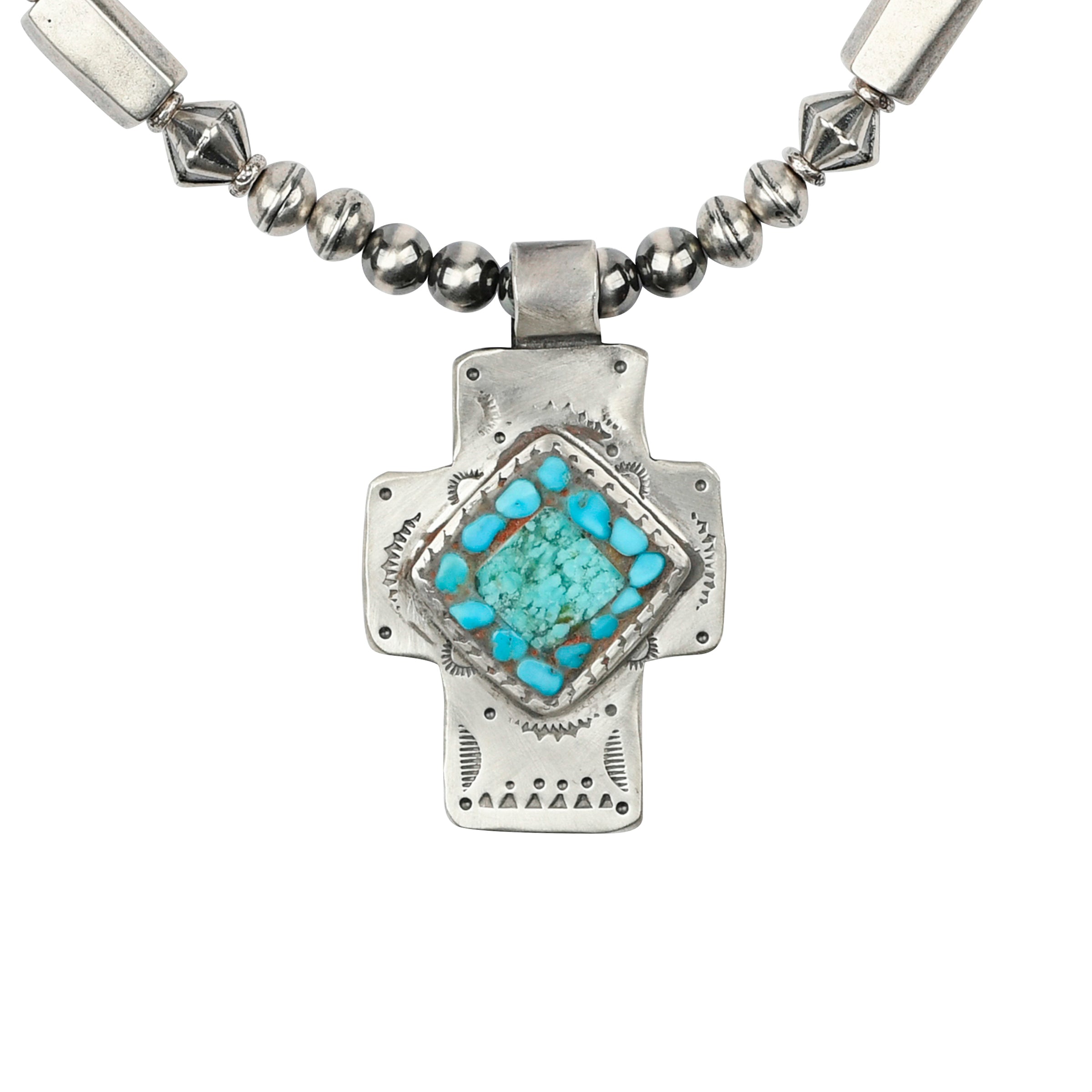 A Necklace featuring a Sterling Silver and Blue Turquoise mosaic Cross by Charlie Favour accompanied with vintage inspired beading and classic Southwestern conchos