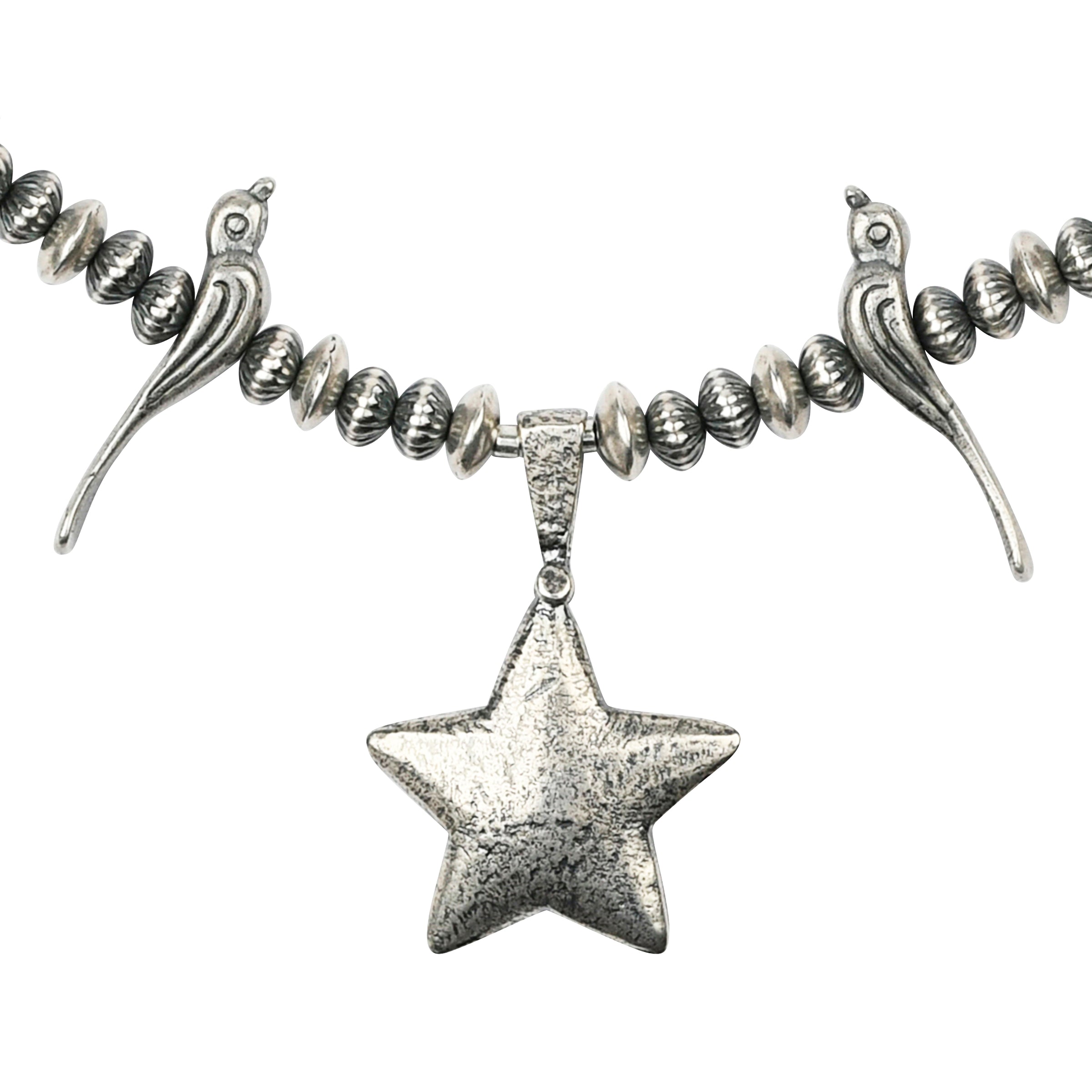 A vintage inspired Sterling Silver necklace featuring a star pendant accompanied with animal totems including birds, turtles, frogs, and bears.