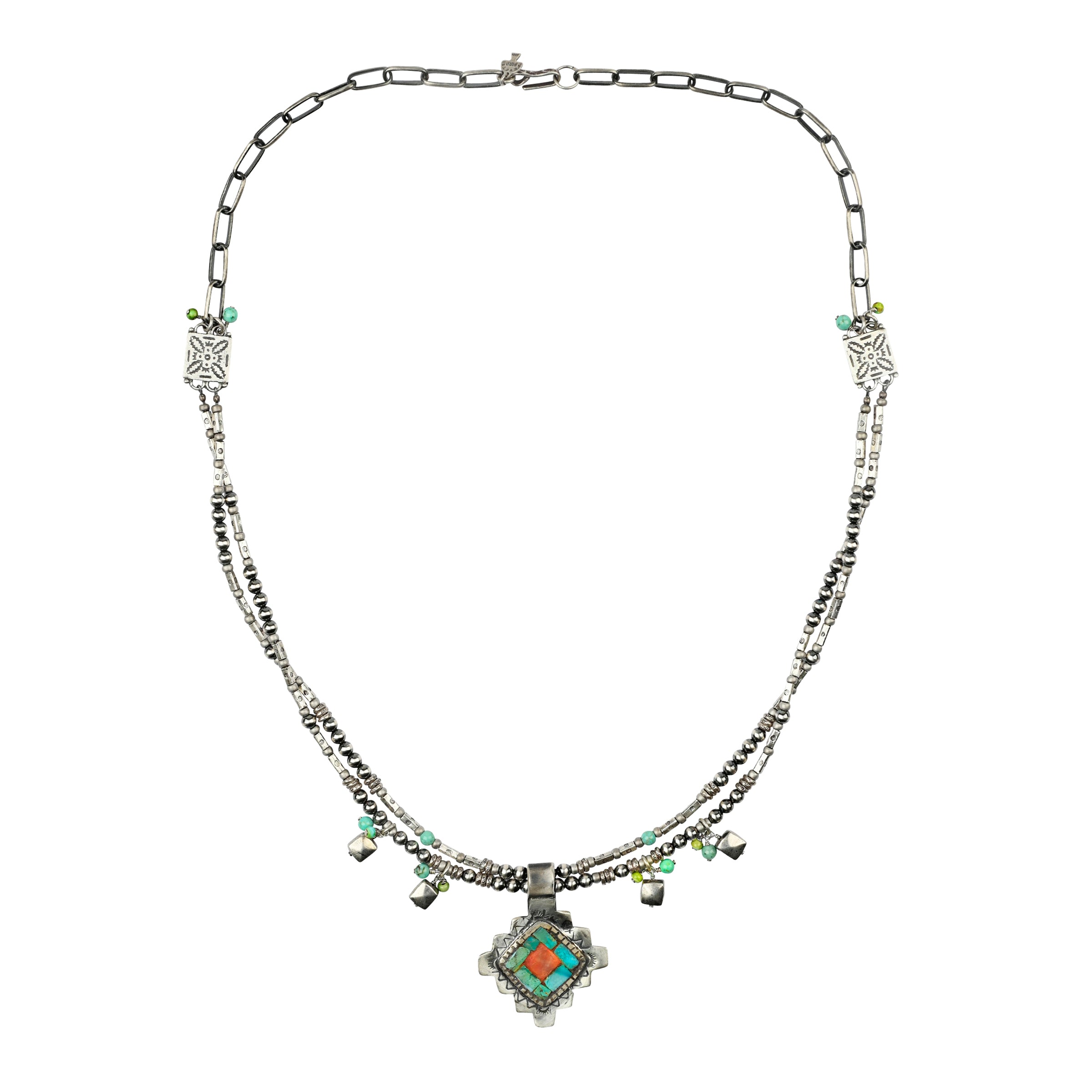 A beaded, multi-strand necklace strung with Desert Pearls, Blue Turquoise, and Green Turquoise featuring a handmade mosaic Southwestern diamond shaped pendant by Charlie Favour