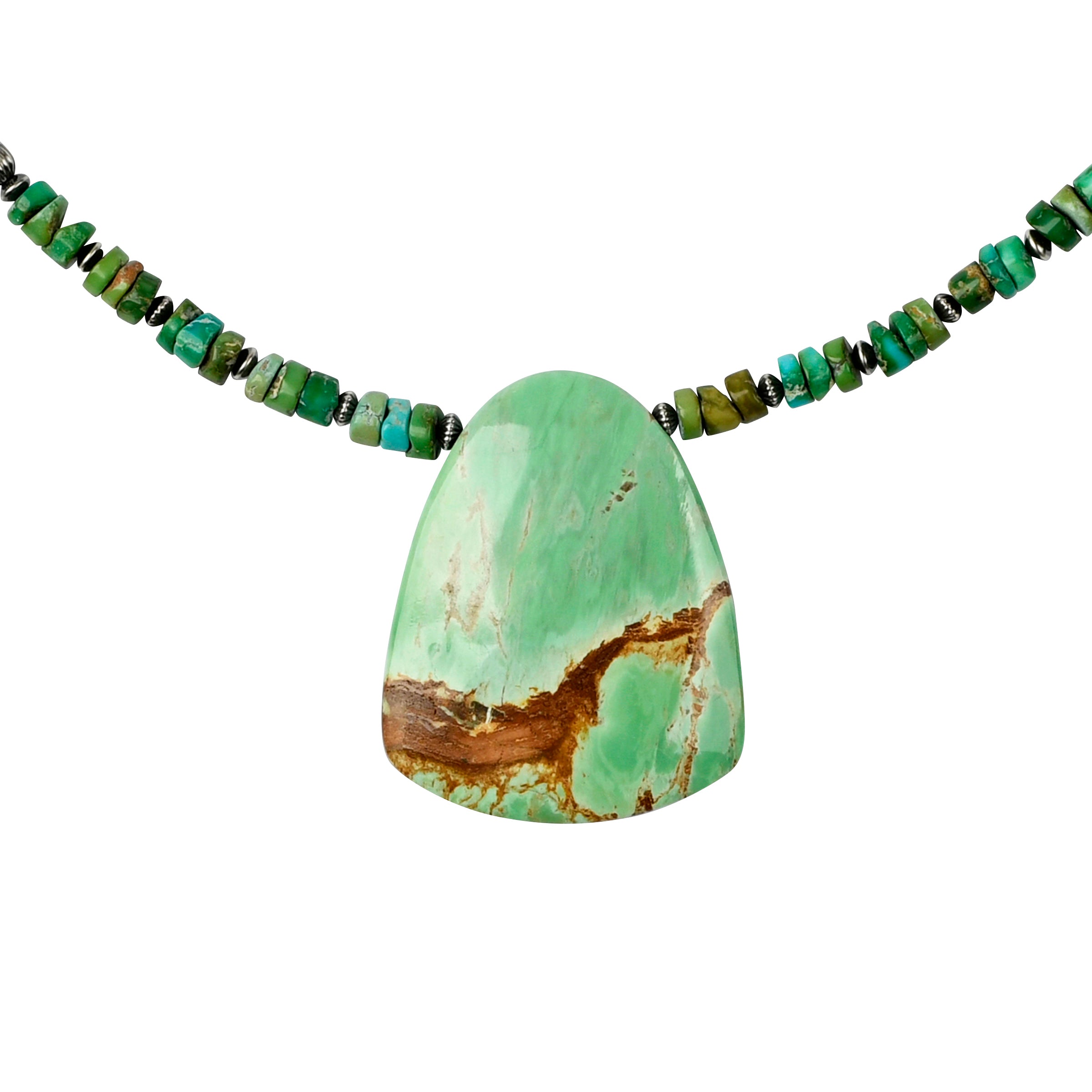 A stunning slab of Green Turquoise strung on deerskin leather with Sonoran Gold Green and Blue Turquoise and corrugated Sterling Silver beading.