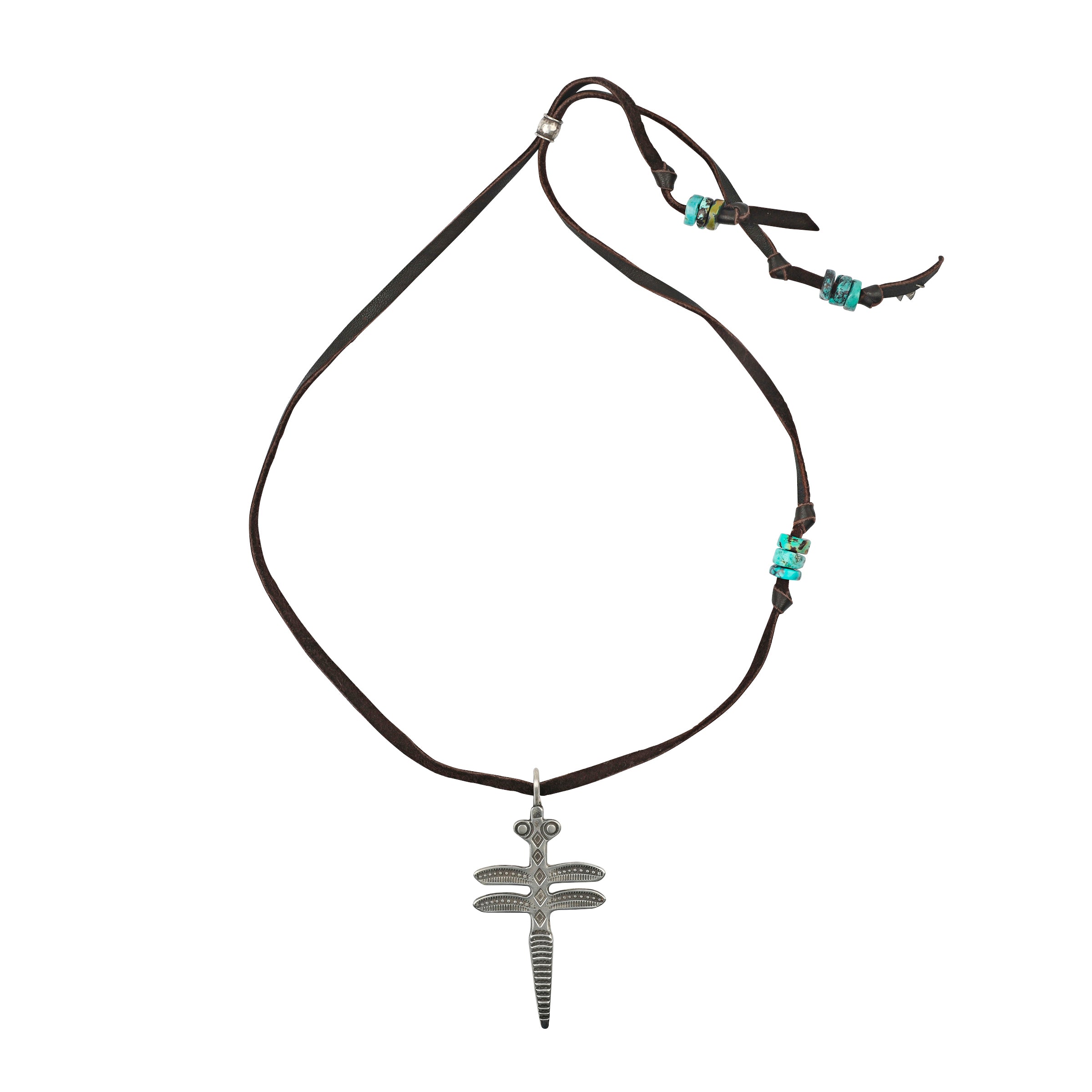 A fully adjustable leather necklace featuring a large Sterling Silver pendant of a Dragonfly stamped with Southwestern motifs. The leather features beading of Blue and Green Turquoise.