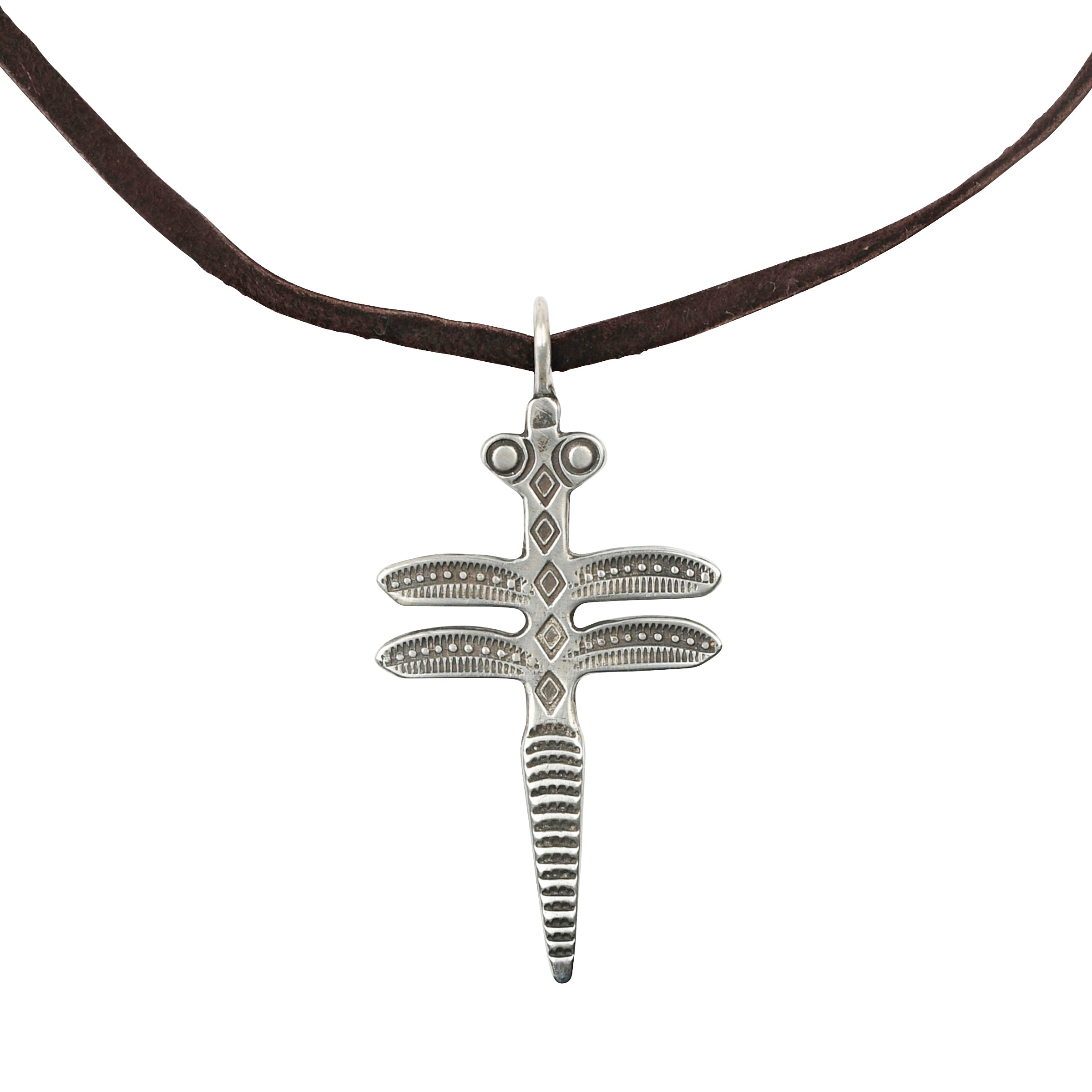 A fully adjustable leather necklace featuring a large Sterling Silver pendant of a Dragonfly stamped with Southwestern motifs. The leather features beading of Blue and Green Turquoise.