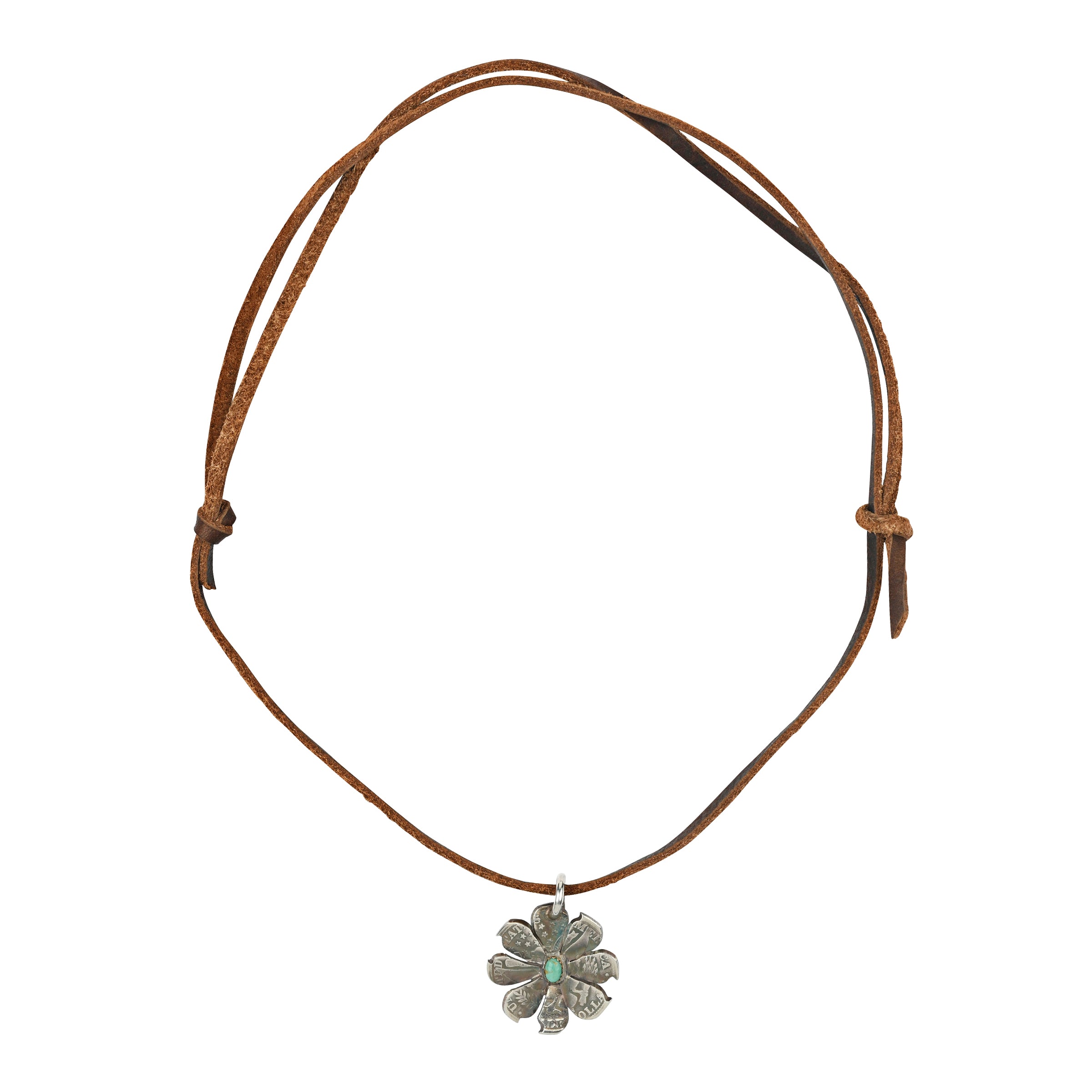 A rustic flower cut and forged from a coin with Turquoise as the centerpiece. Strung on brown leather, perfect for layering!