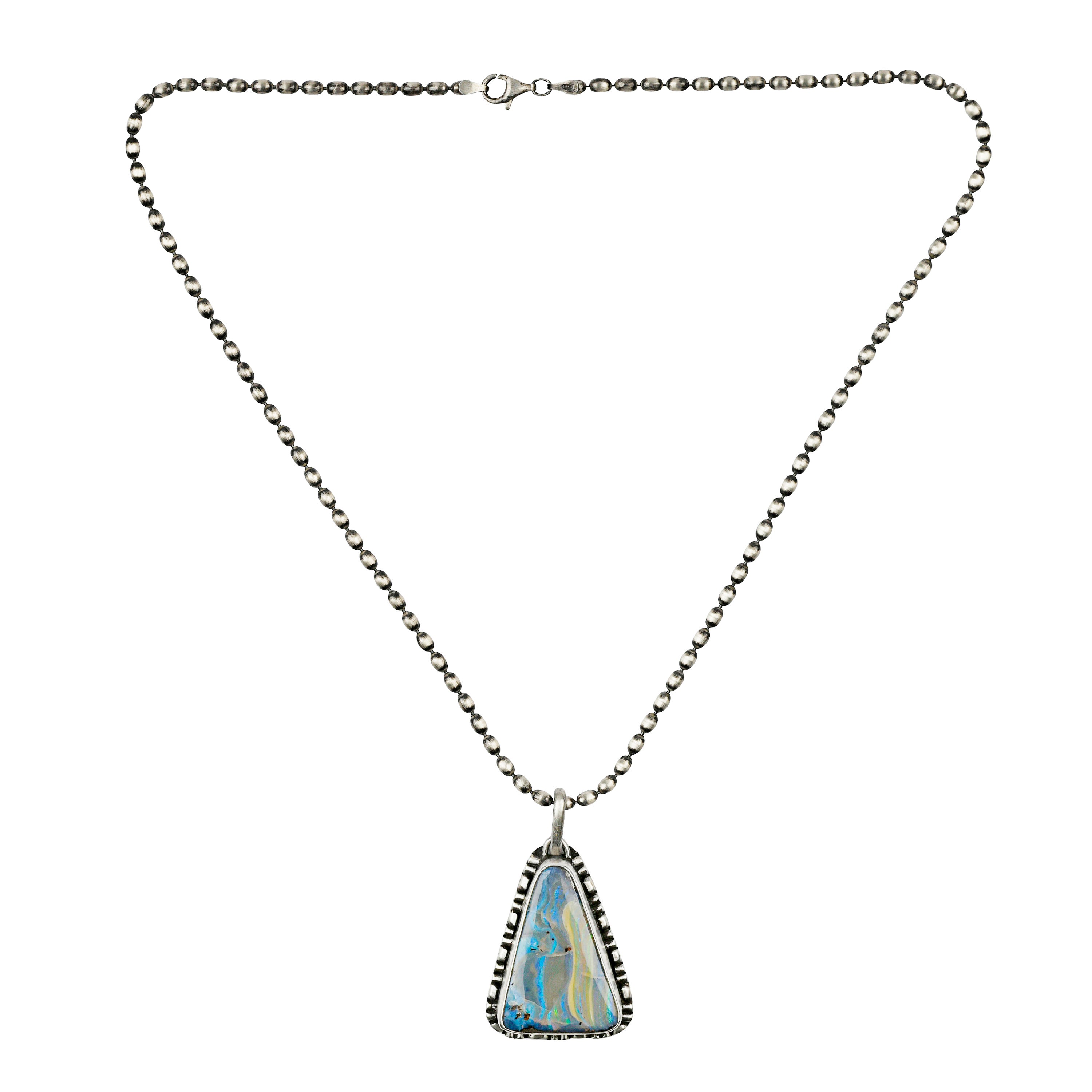 Multi colored opal charm on sterling silver bead ball chain necklace. 