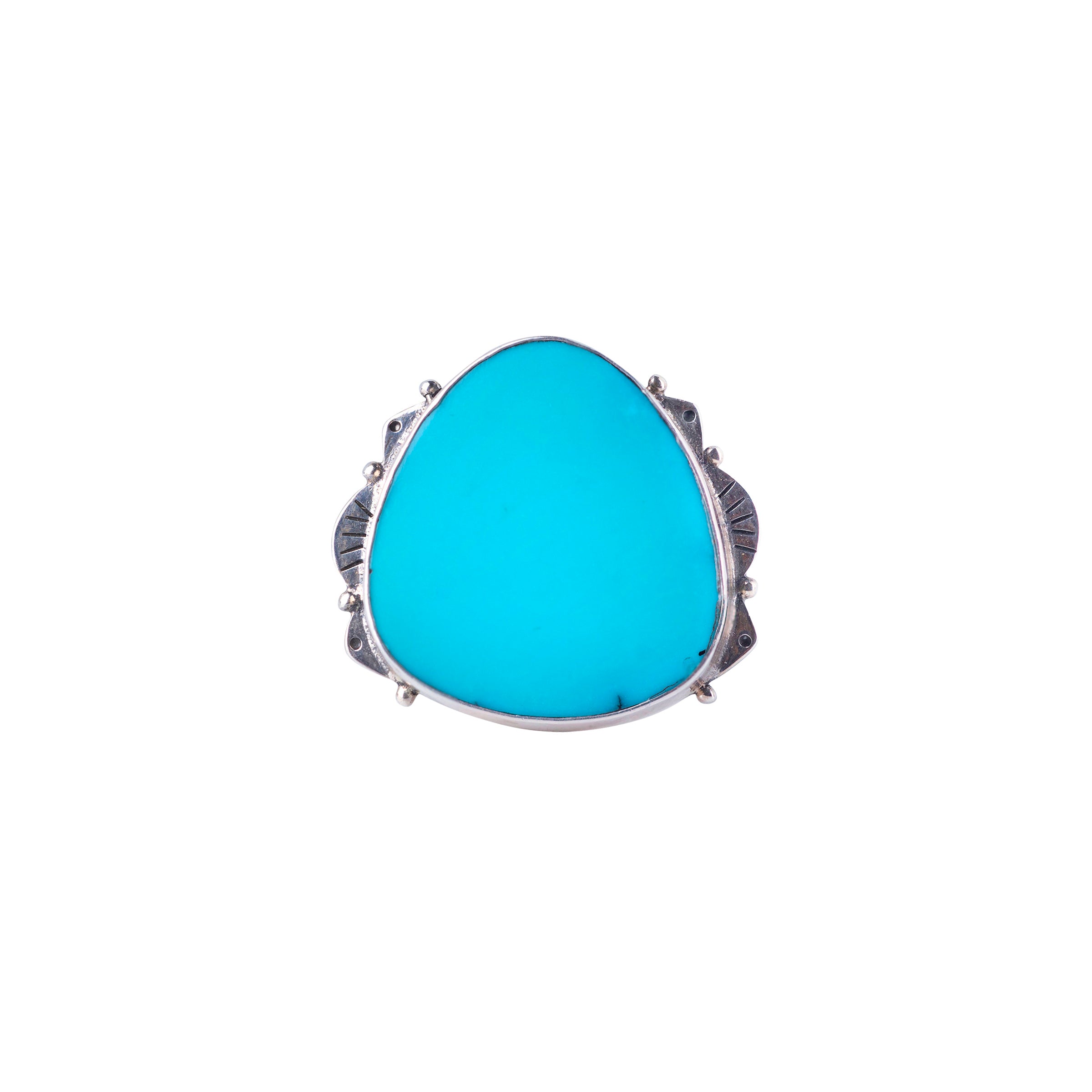 Sterling silver ring with scalloped detailing and large clear blue turquoise stone. 