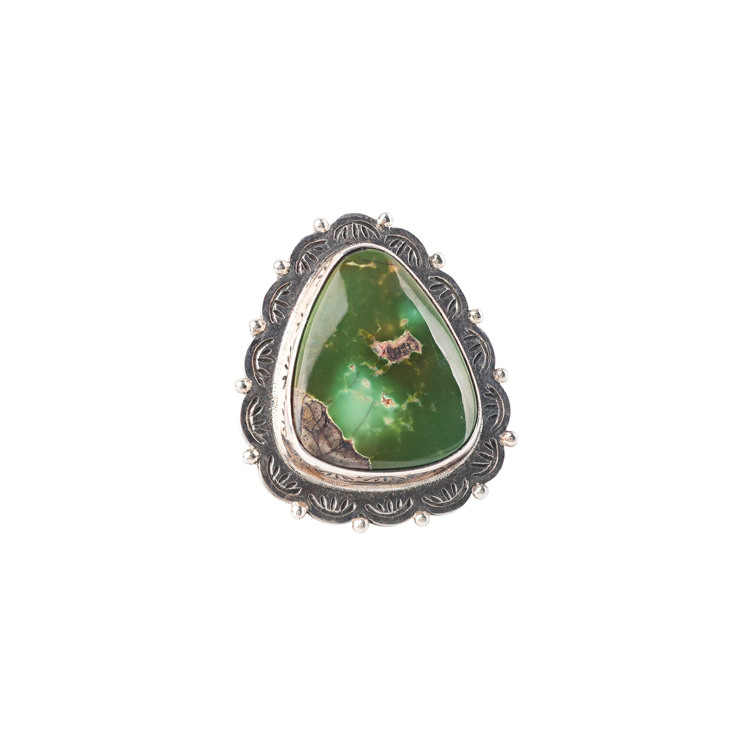 Nomad, ring, Royston turquoise, sterling silver, split shank, floral bezel 
