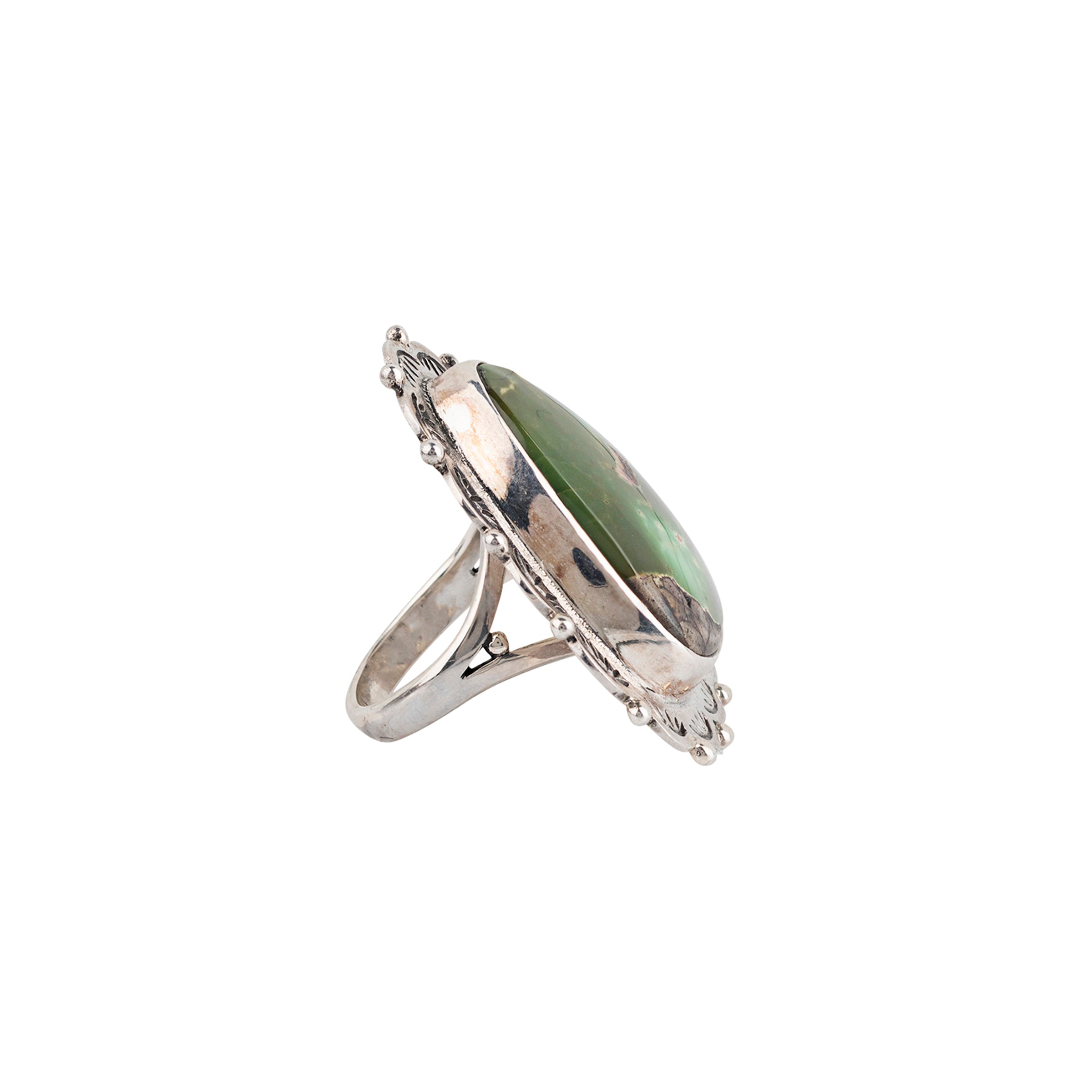 Nomad, ring, Royston turquoise, sterling silver, split shank, floral bezel 