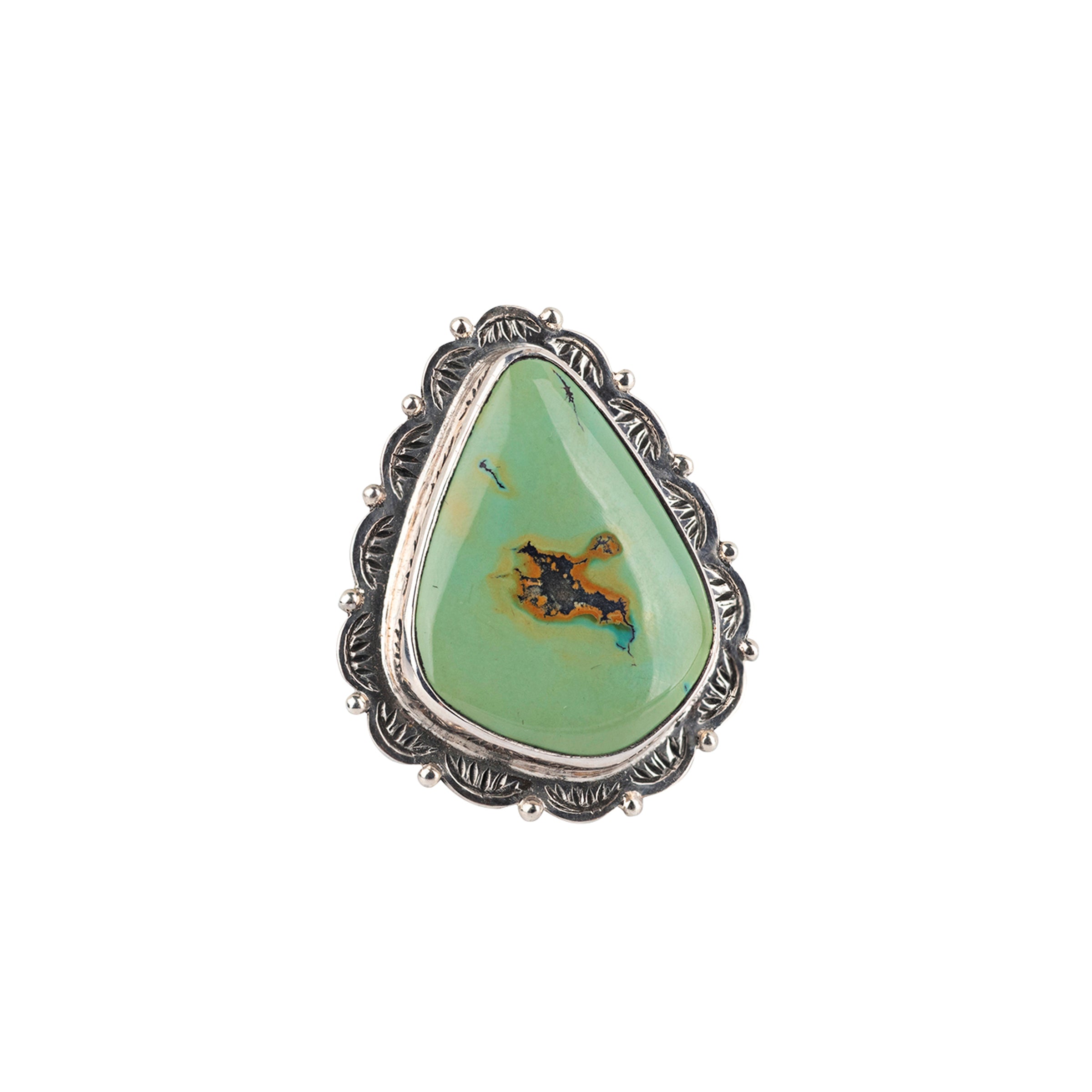 Nomad, ring, Royston turquoise, sterling silver, split shank band, floral bezel 