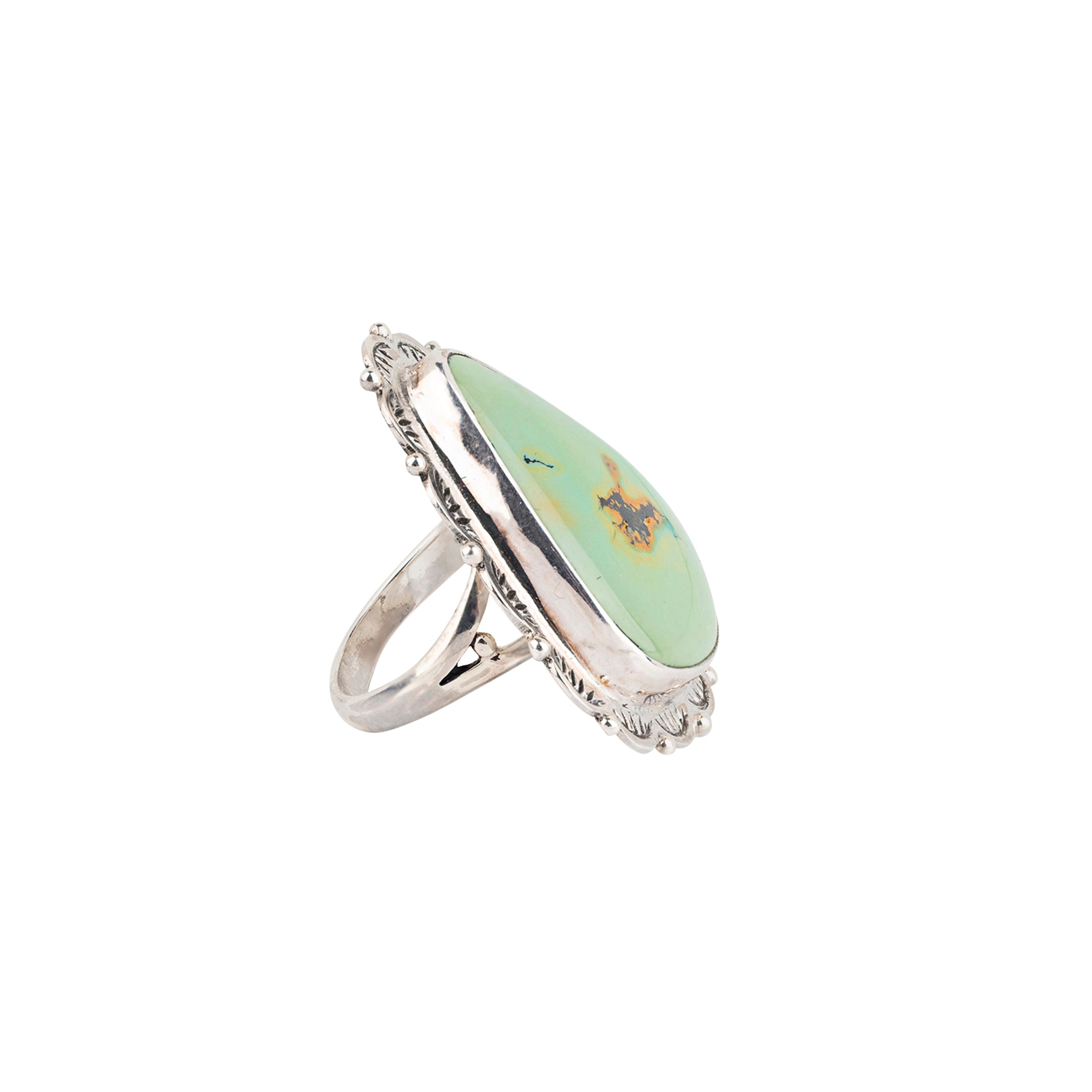 Nomad, ring, Royston turquoise, sterling silver, split shank band, floral bezel 