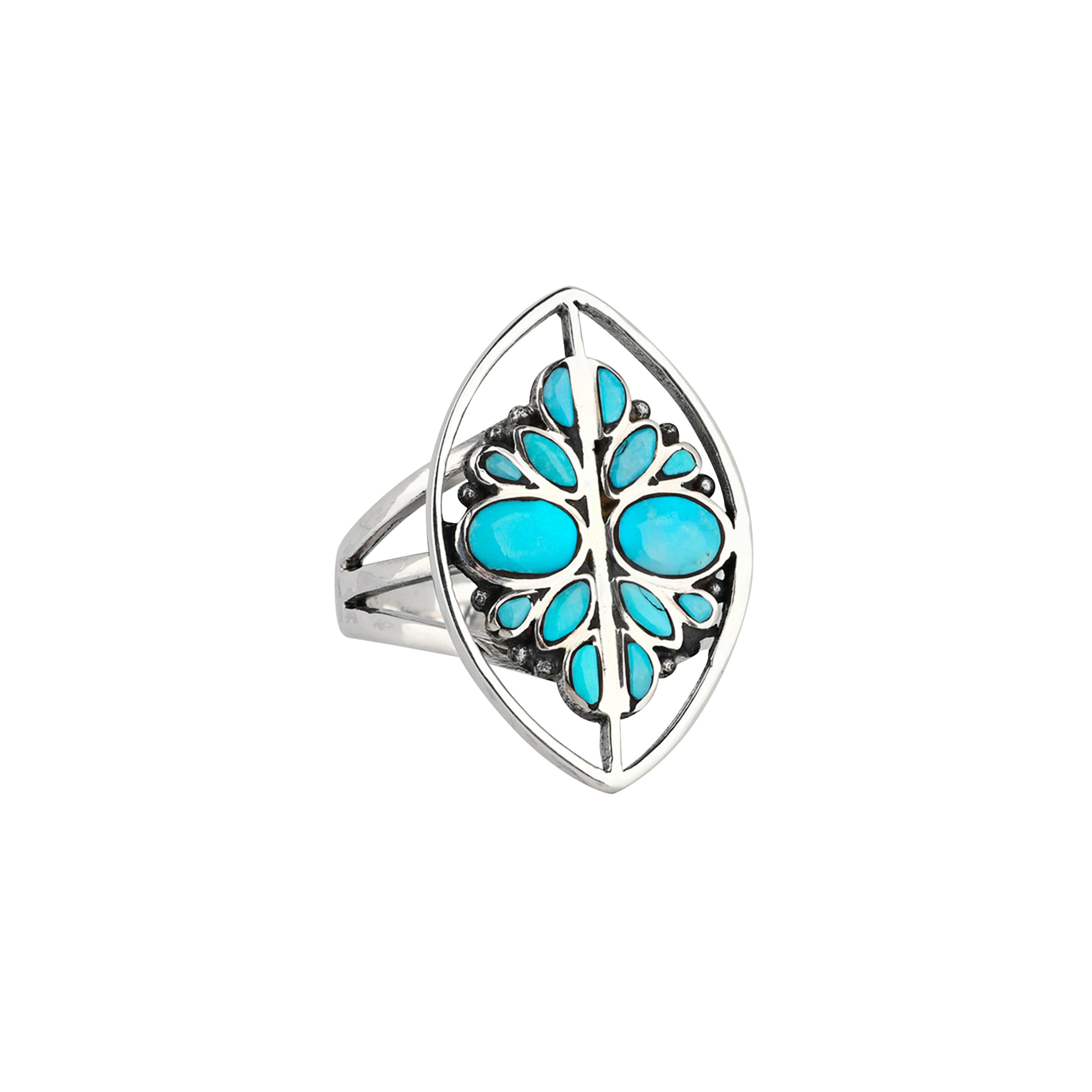 Sterling Silver Ring adorned with teardrops of Turquoise 