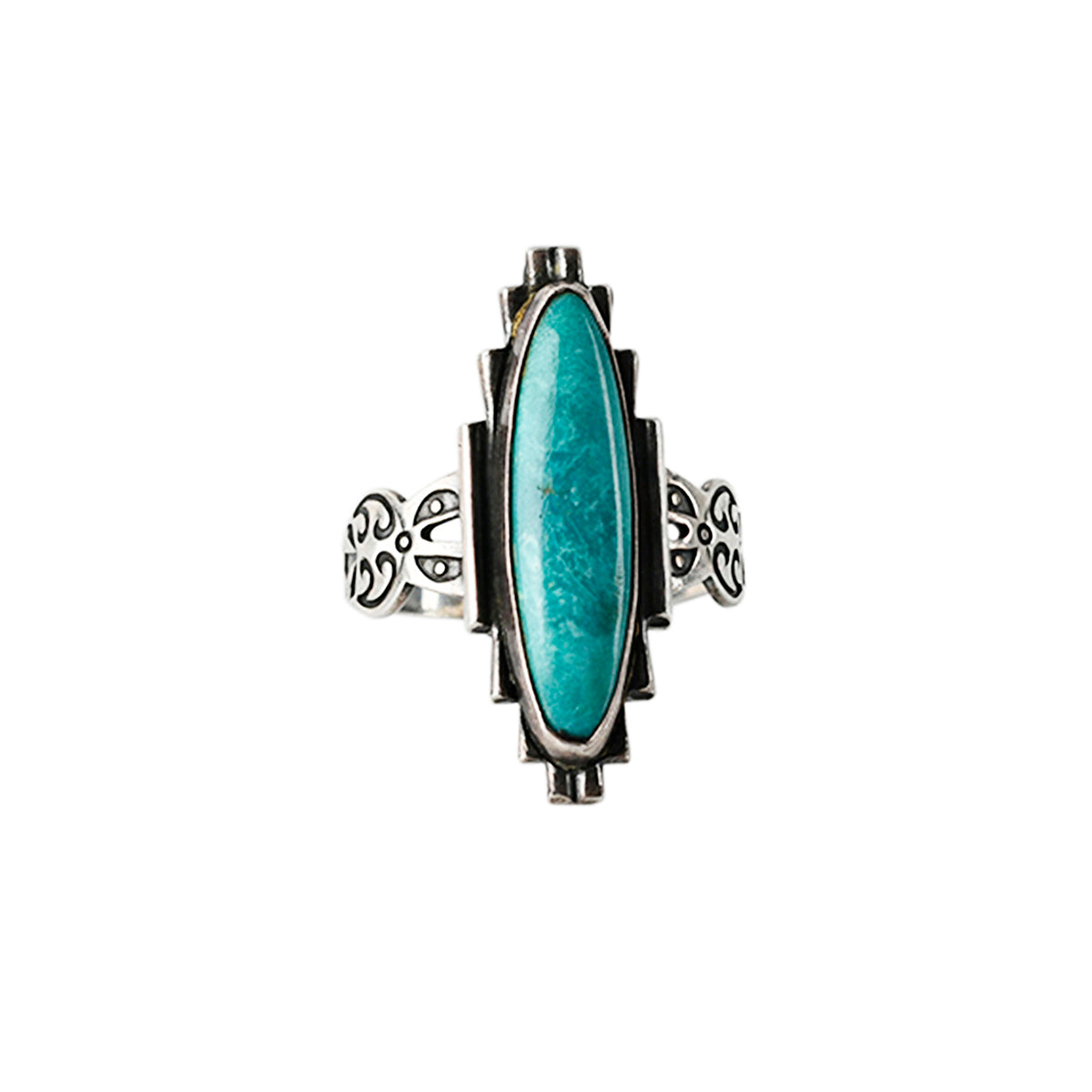 Vintage sterling silver ring with elongated blue turquoise stone and detailed stamping