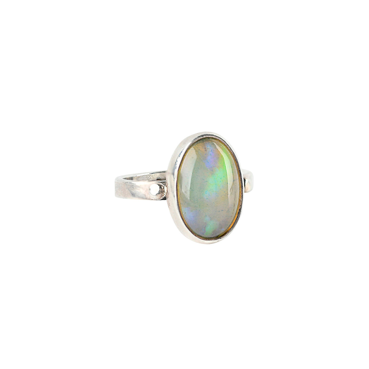 Opal ring with classic sterling silver setting and small details. 
