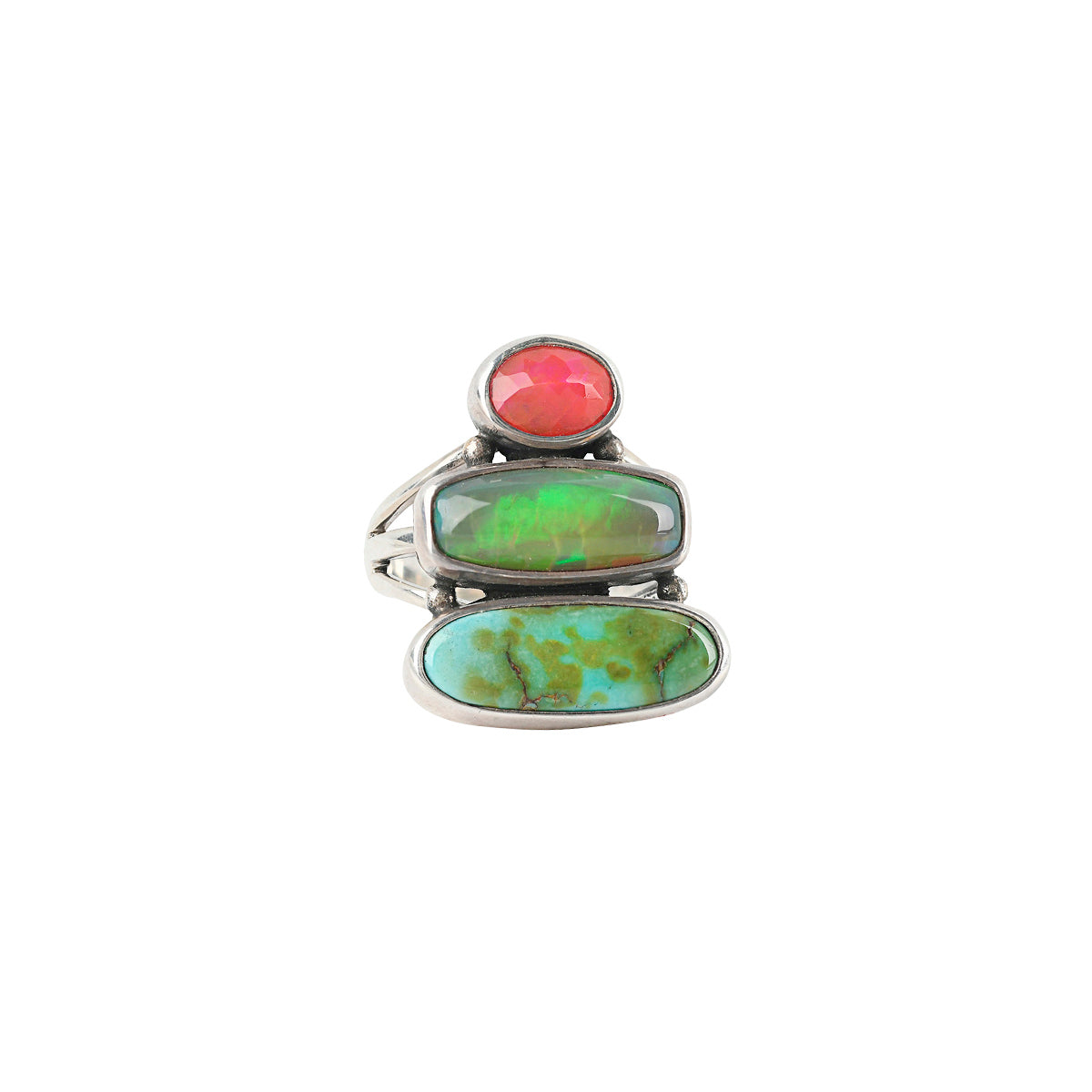 Sterling silver Ring with organic shaped stones stacked on top of each other. turquoise and Opal. 