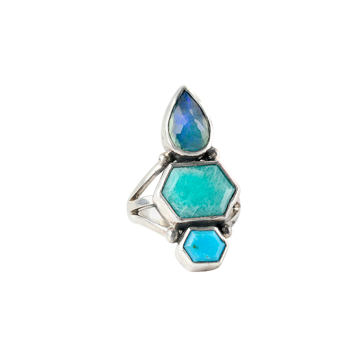 Sterling silver stacked opal and turquoise ring