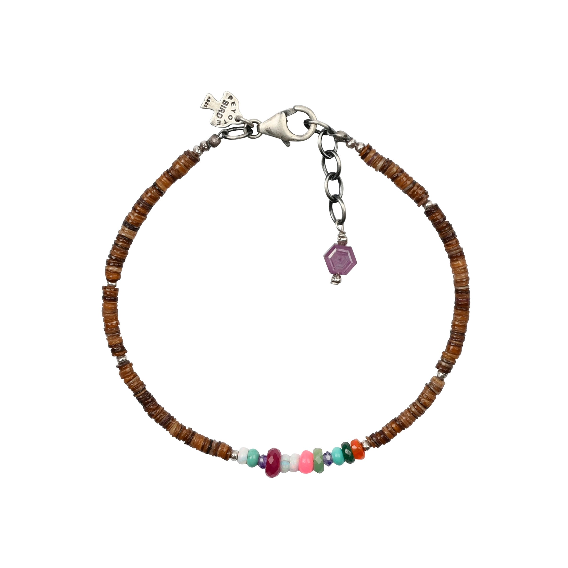 Brown lip heishi shell beaded bracelet with gemstone mix in center and hexagon bead on extender chain at lobster claw clasp. 