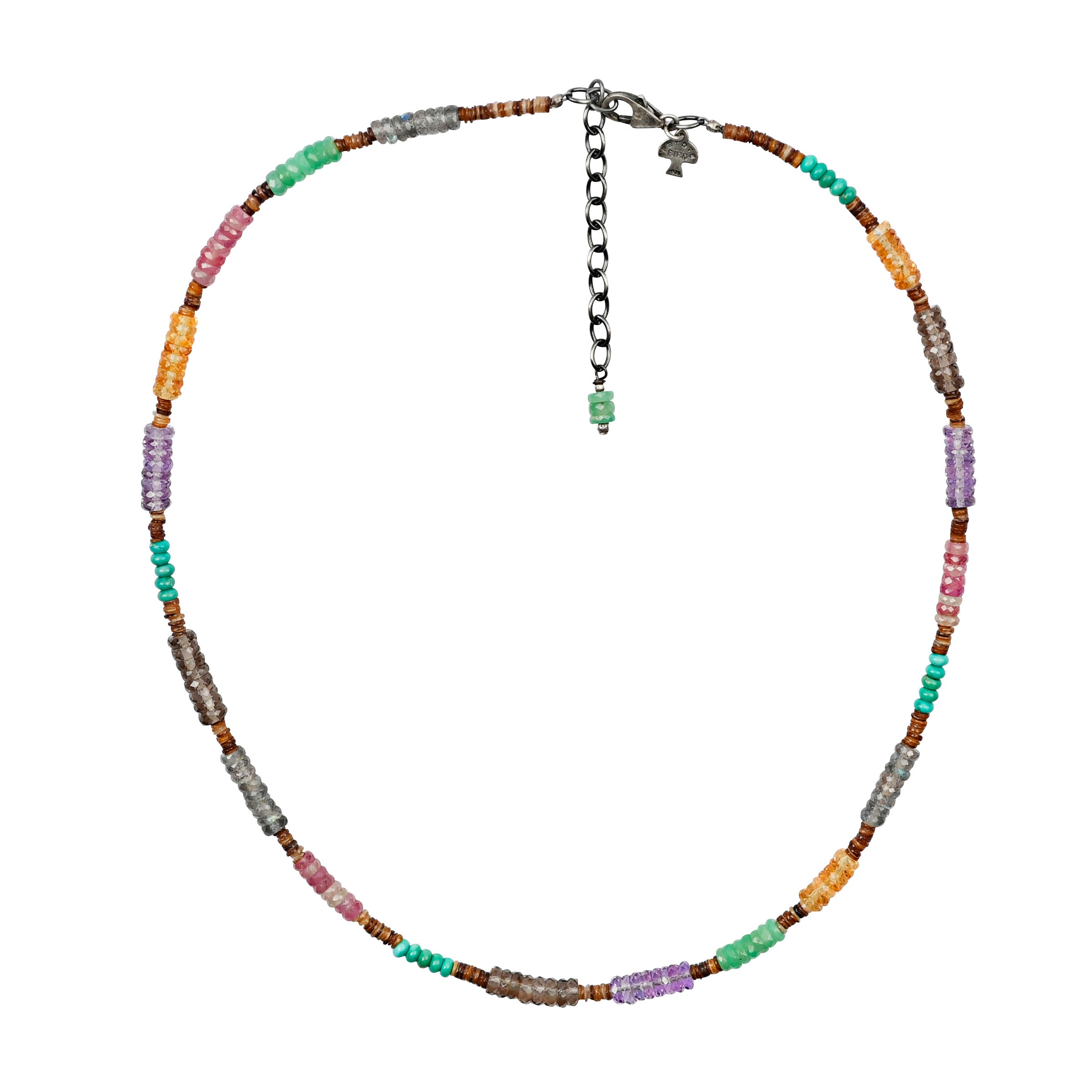 Colorful beaded necklace hand-strung with turquoise, citrine, pink sapphire, purple crystal, labradorite and brown shell heishi