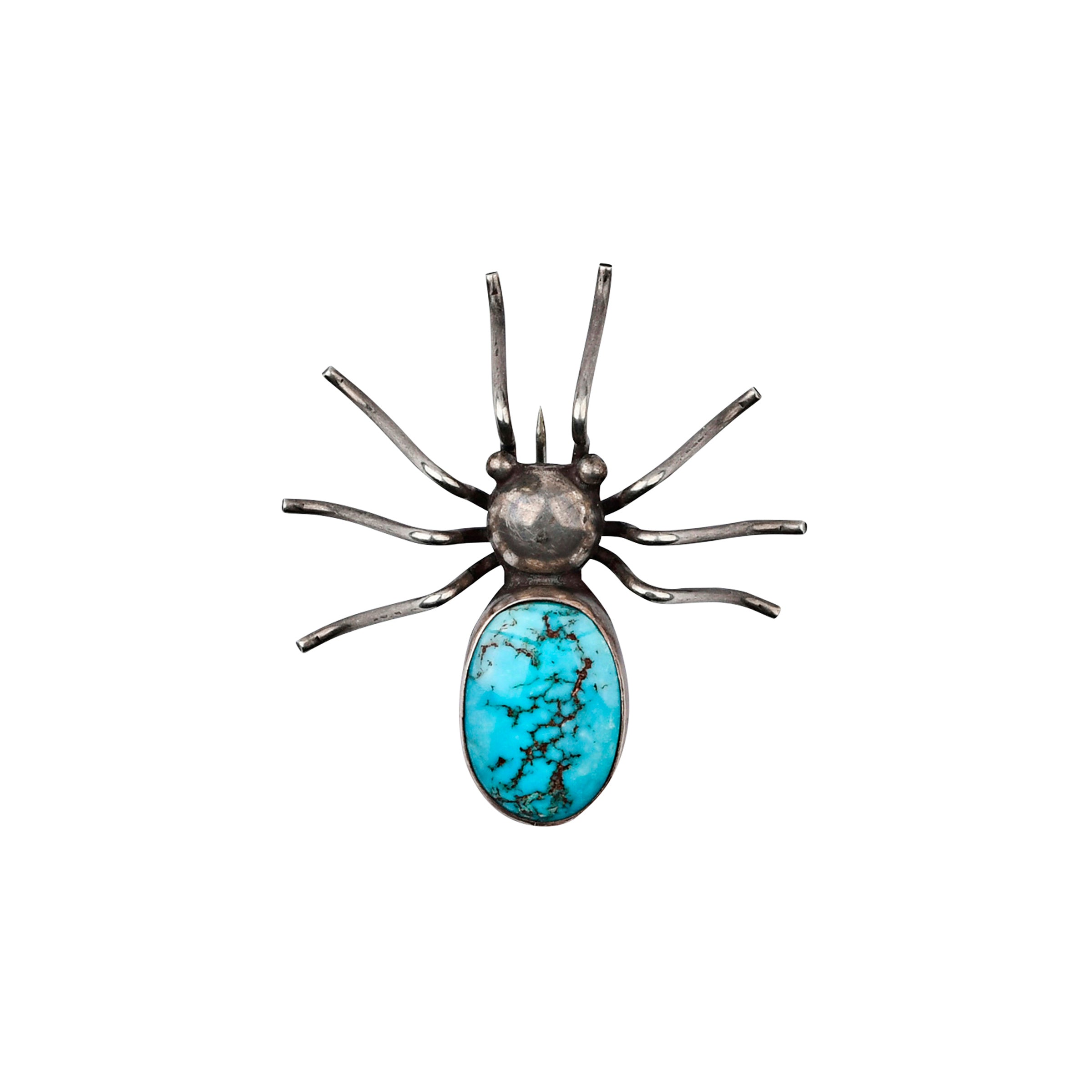vintage sterling silver spider pin with turquoise body