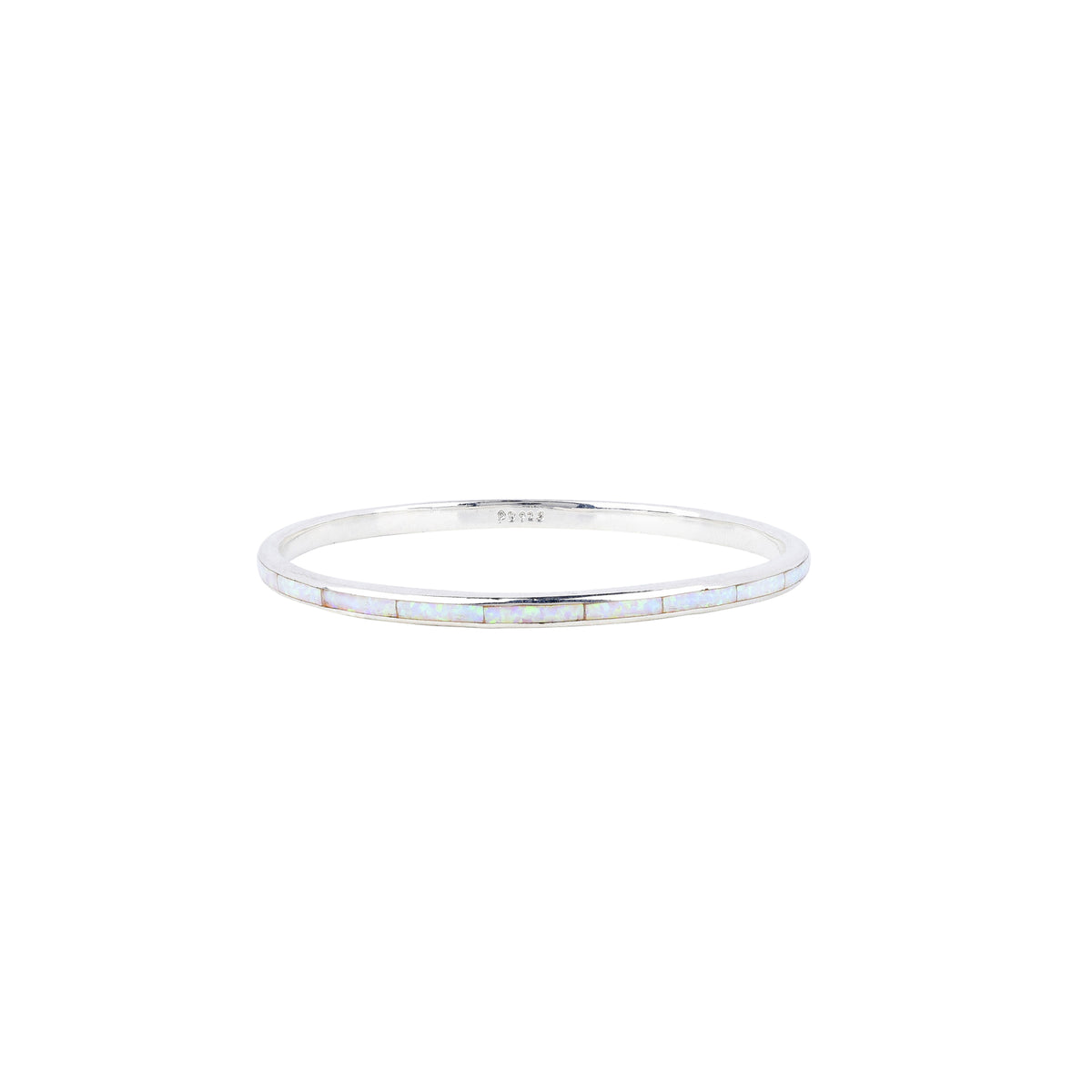 A sterling silver Infinity bangle with white opal inlay stones from our Bird and Arrow collection.