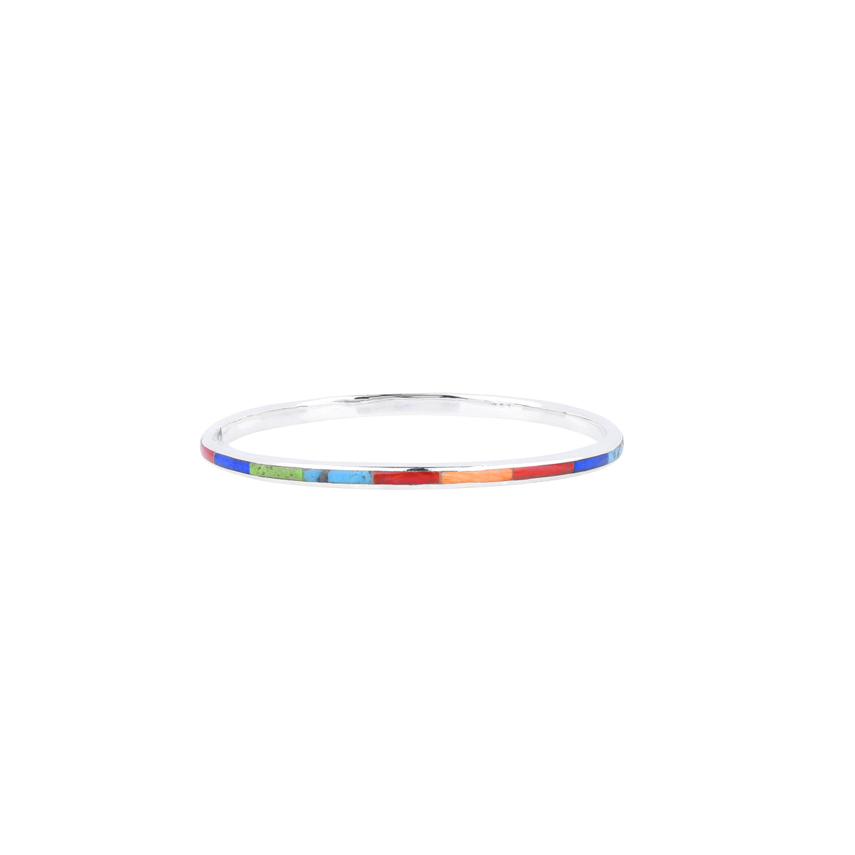 A sterling silver Infinity bangle with red coral, lapis, gaspeite, orange spiny oyster shell, and blue turquoise inlay stones from our Bird and Arrow collection.