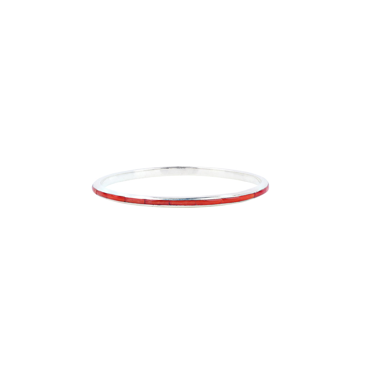 A sterling silver Infinity bangle with red coral inlay stones from our Bird and Arrow collection.