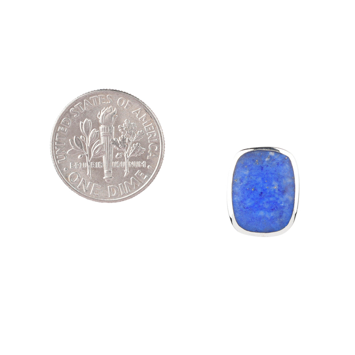 A pair of sterling silver stud earrings with rounded rectangular lapis cabochons and comfort earring backs.