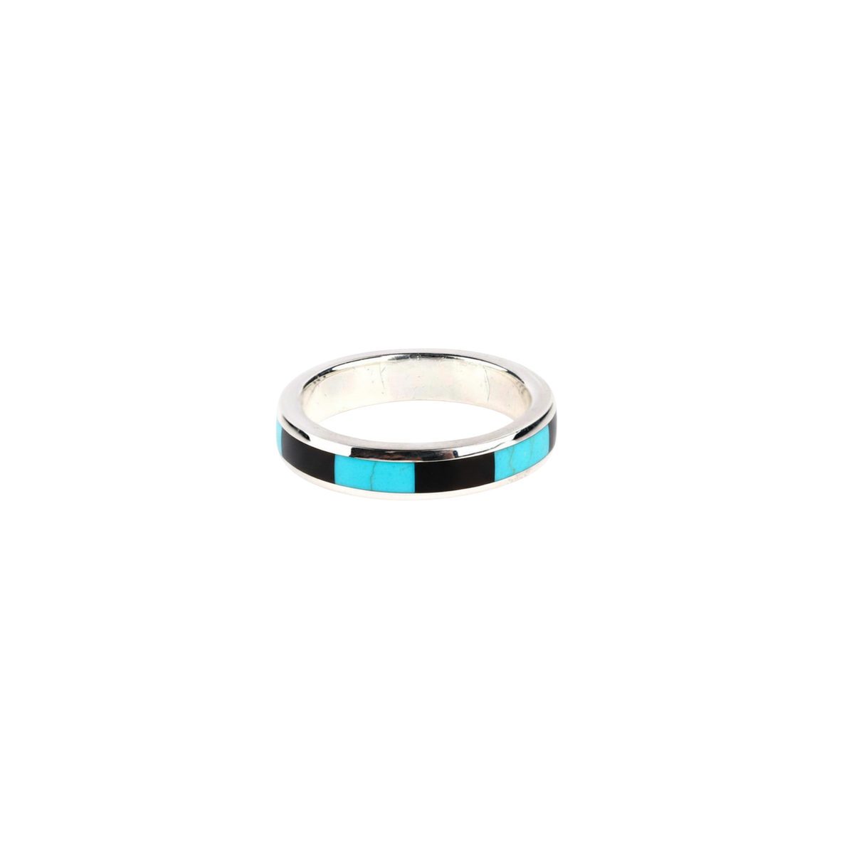 A sterling silver ring with a blue turquoise and onyx inlay.