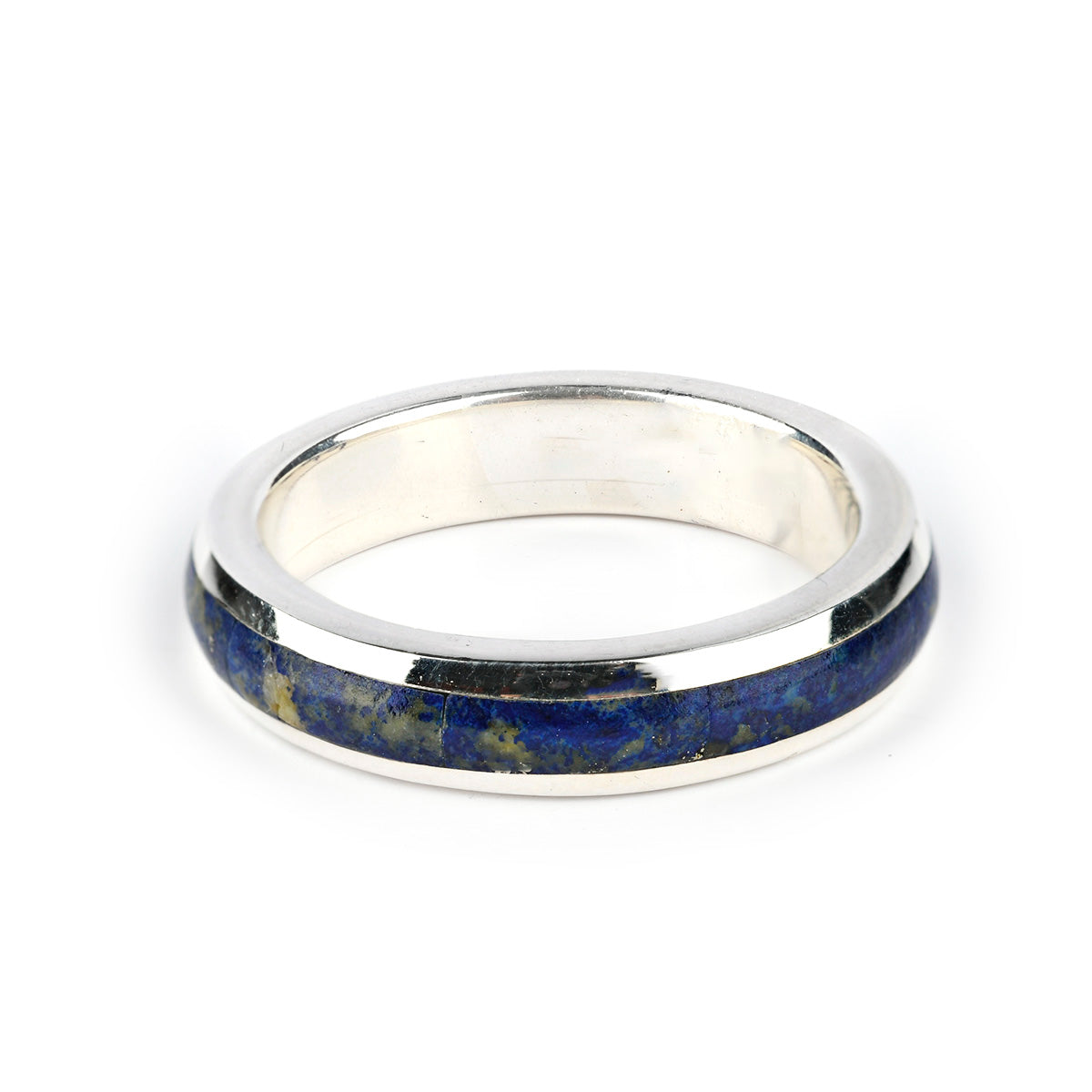 A sterling silver ring with a lapis inlay.