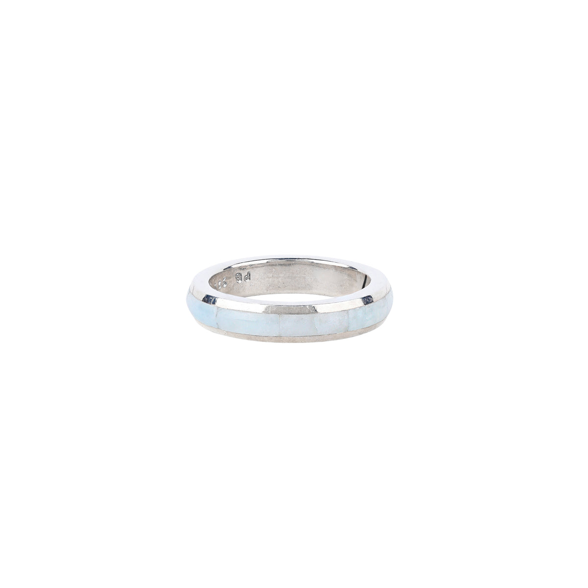 A sterling silver ring with a mother of pearl inlay.