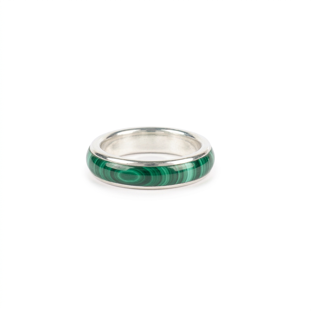 A sterling silver ring with a malachite inlay.
