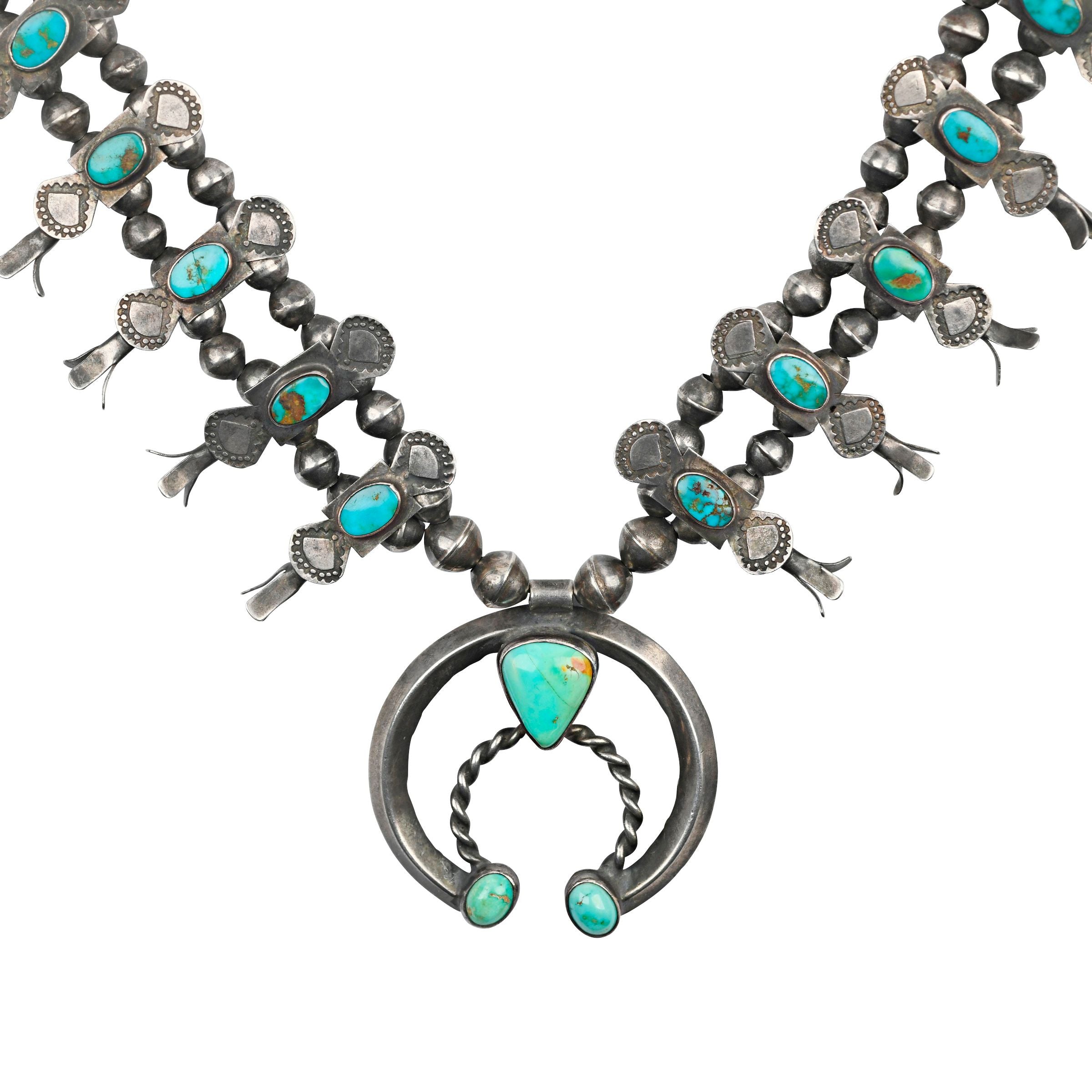 Vintage Navajo Turquoise Squash Blossom Necklace, C. 1940's