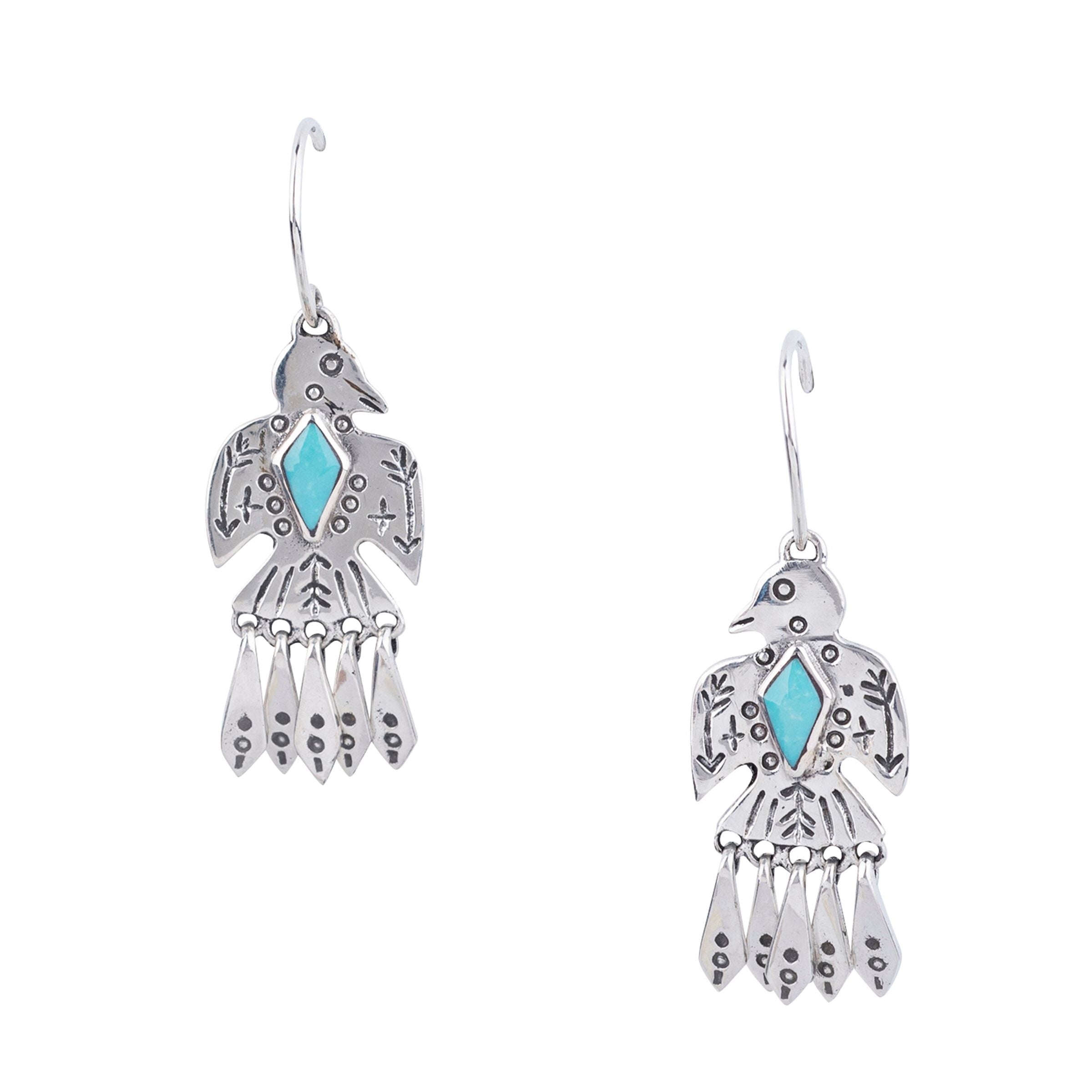 A pair of sterling silver and turquoise earrings in the shape of a bird.