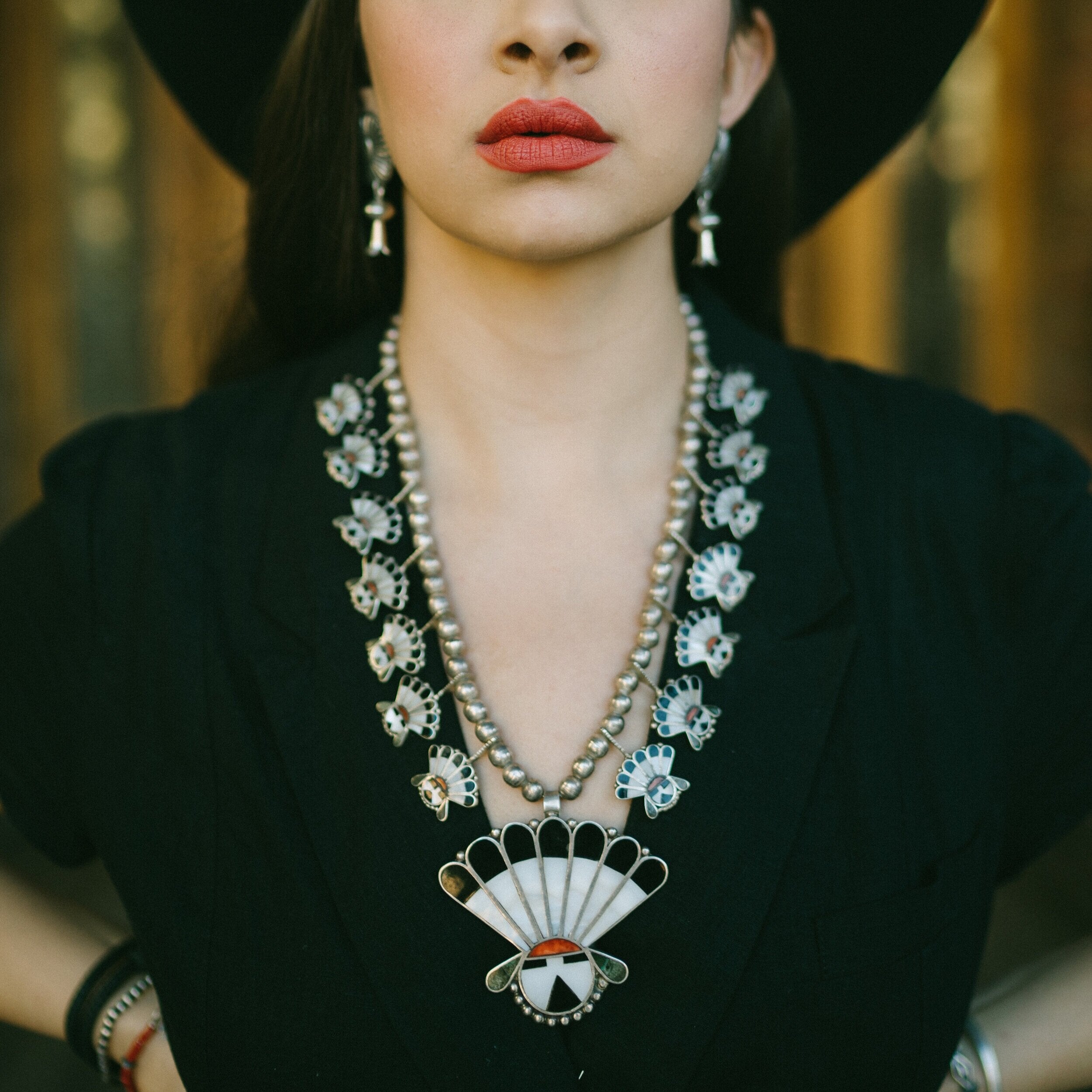 Vintage Zuni Inlay Sun Face Necklace, c. 1950
