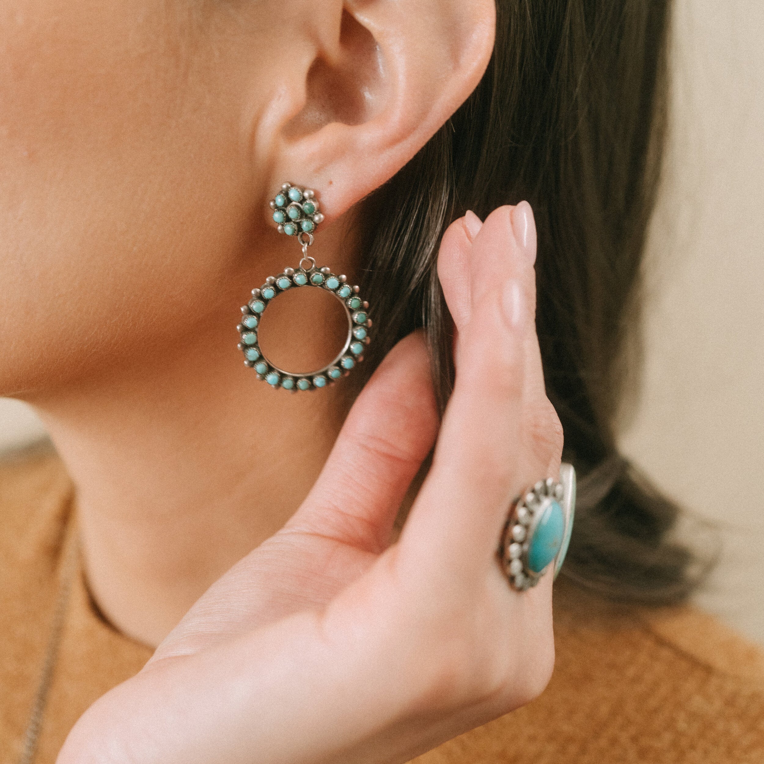 Vintage Turquoise Speckle Circle Earrings, c. 1940's