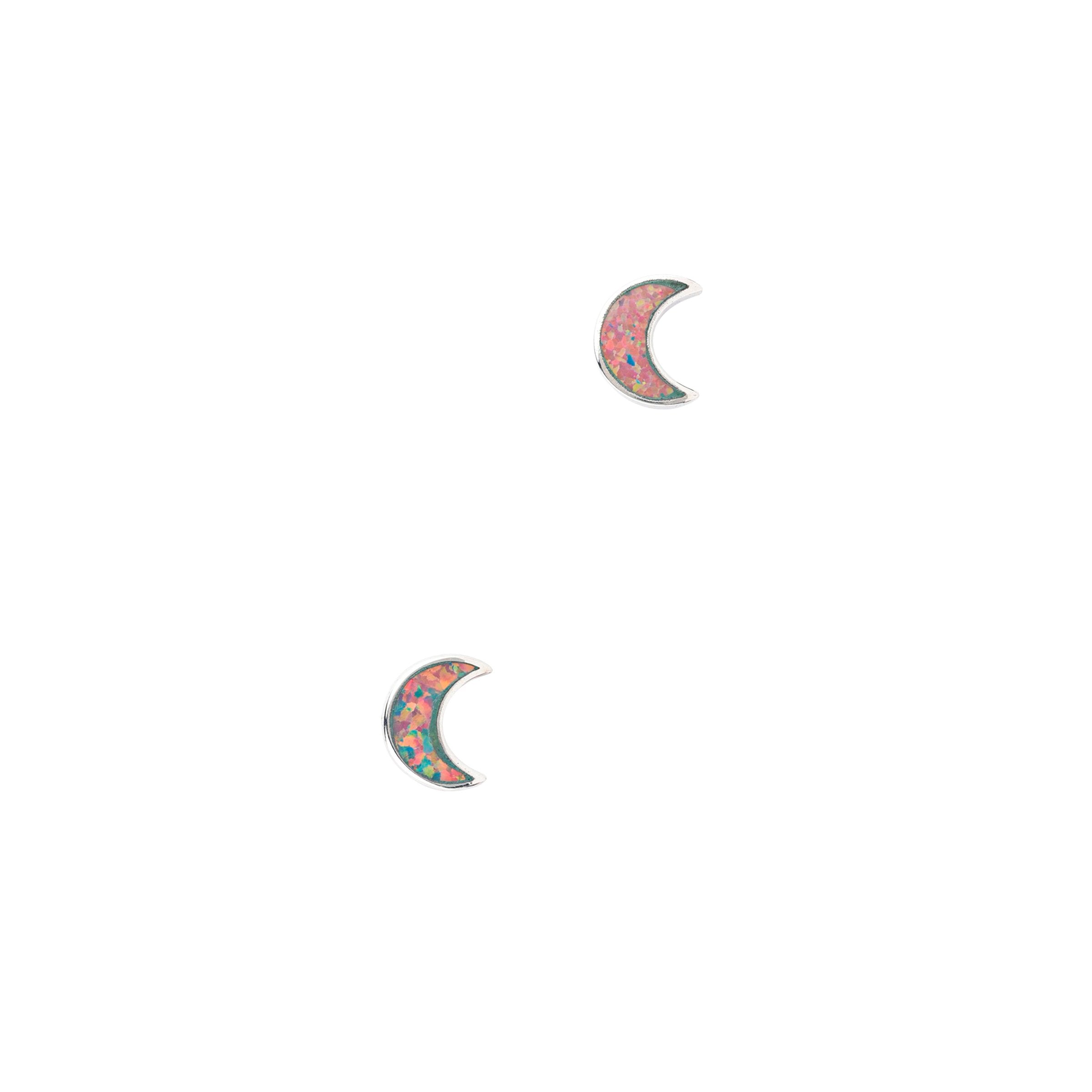 A pair of crescent-shaped stud earrings with dark opal stones, made of .925 sterling silver.