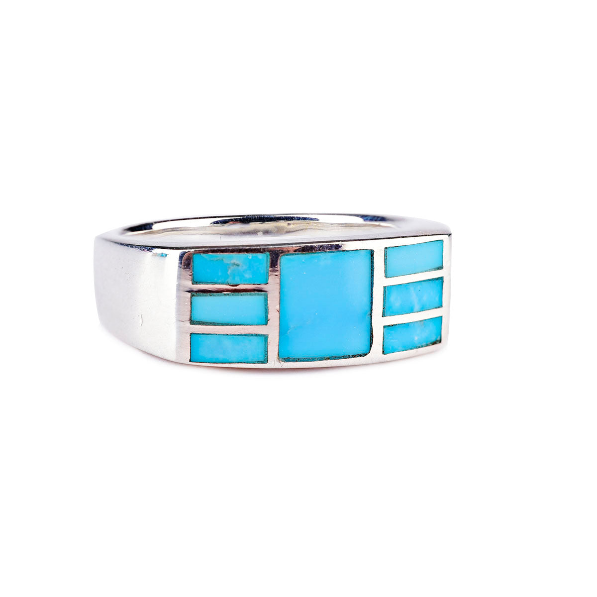 A sterling silver ring with geometric rectangular blue turquoise stone inlays.