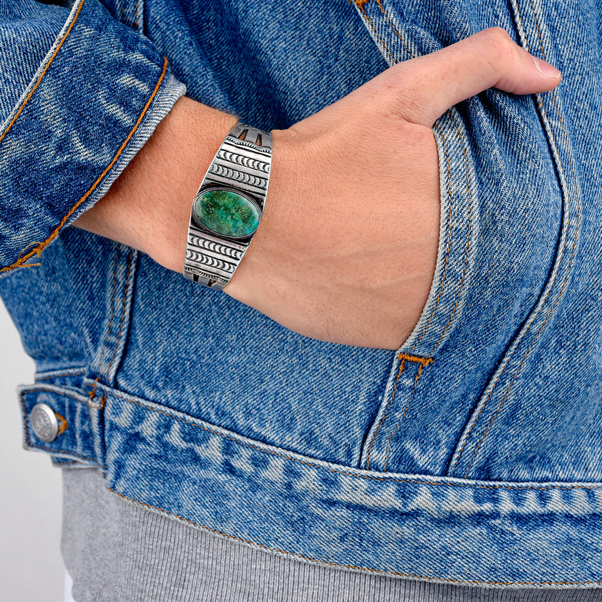 Vintage 1920's Stamped Cuff with Green Turquoise 