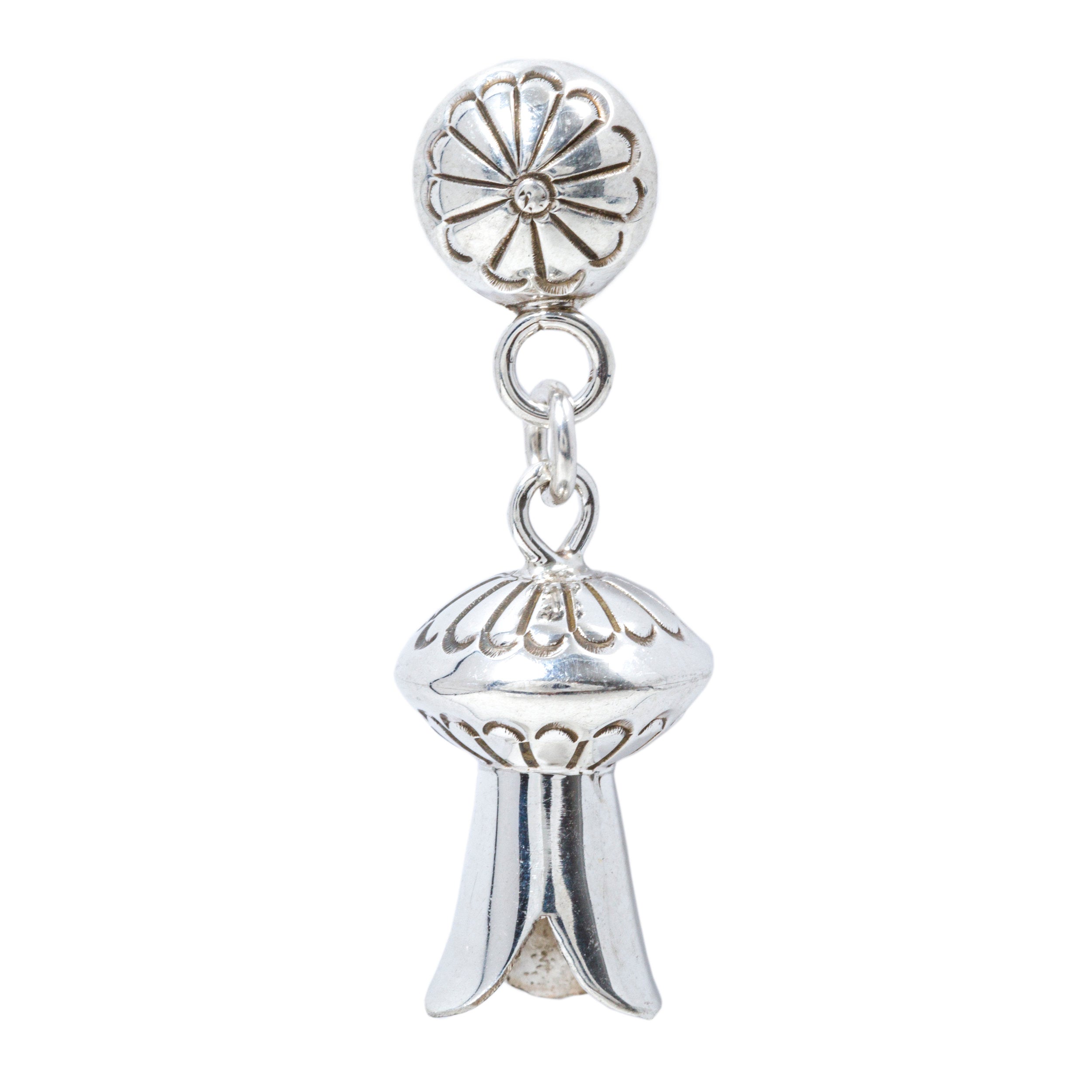 Hand crafted sterling silver stamped squash blossom earrings from Marie Yazzie. Native made. Made in the USA. 