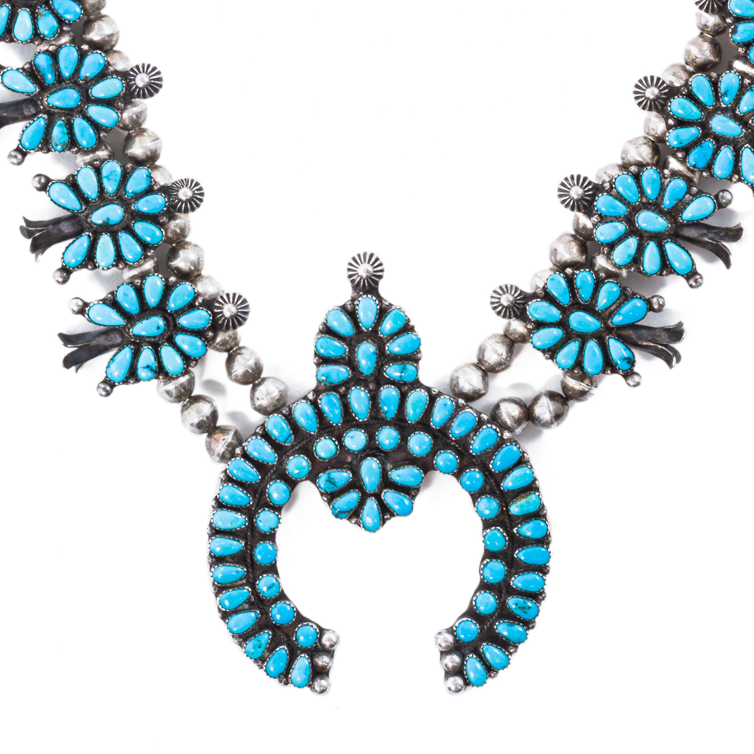 Vintage Zuni Morenci Turquoise Squash Blossom Necklace, c. 1940