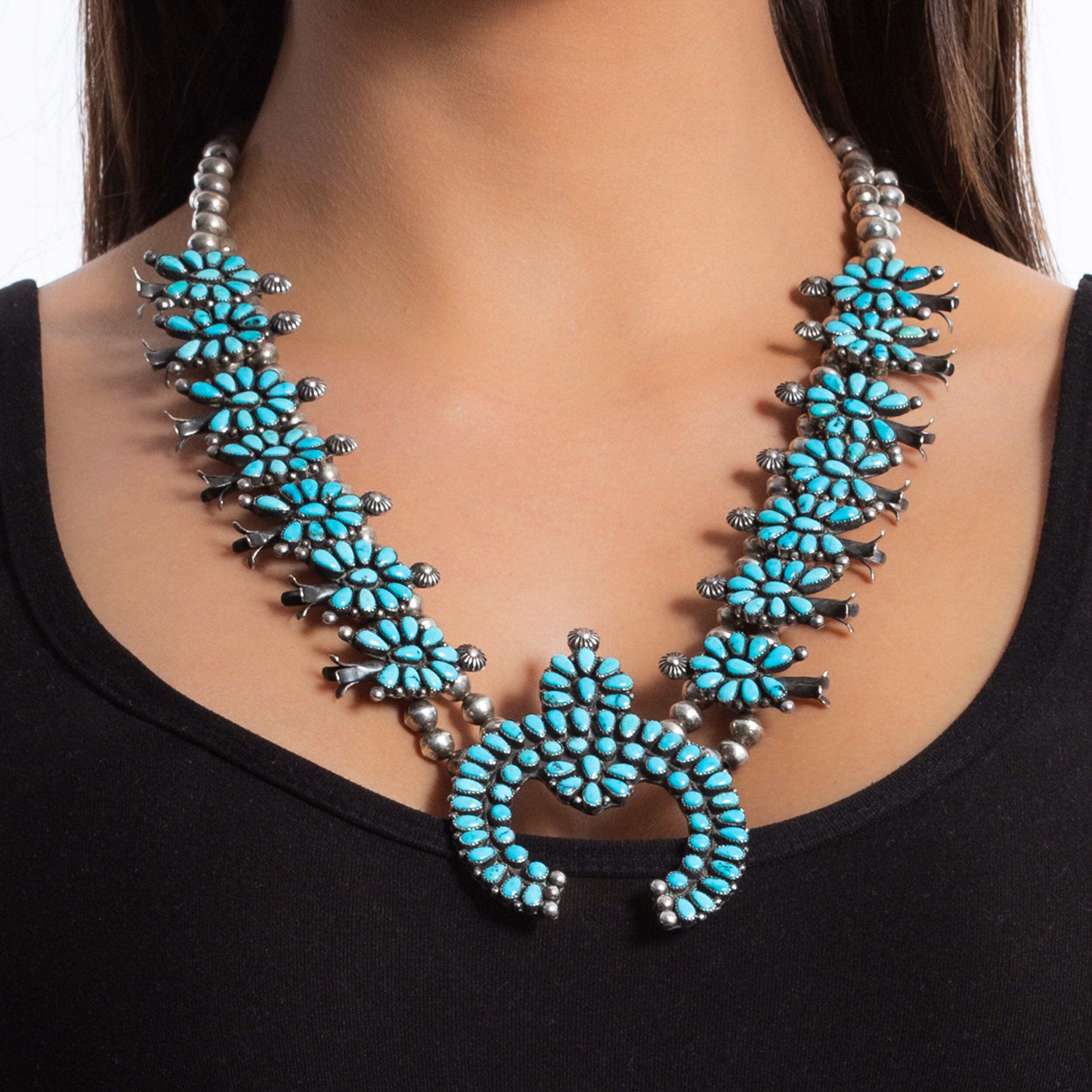 Vintage Zuni Morenci Turquoise Squash Blossom Necklace, c. 1940