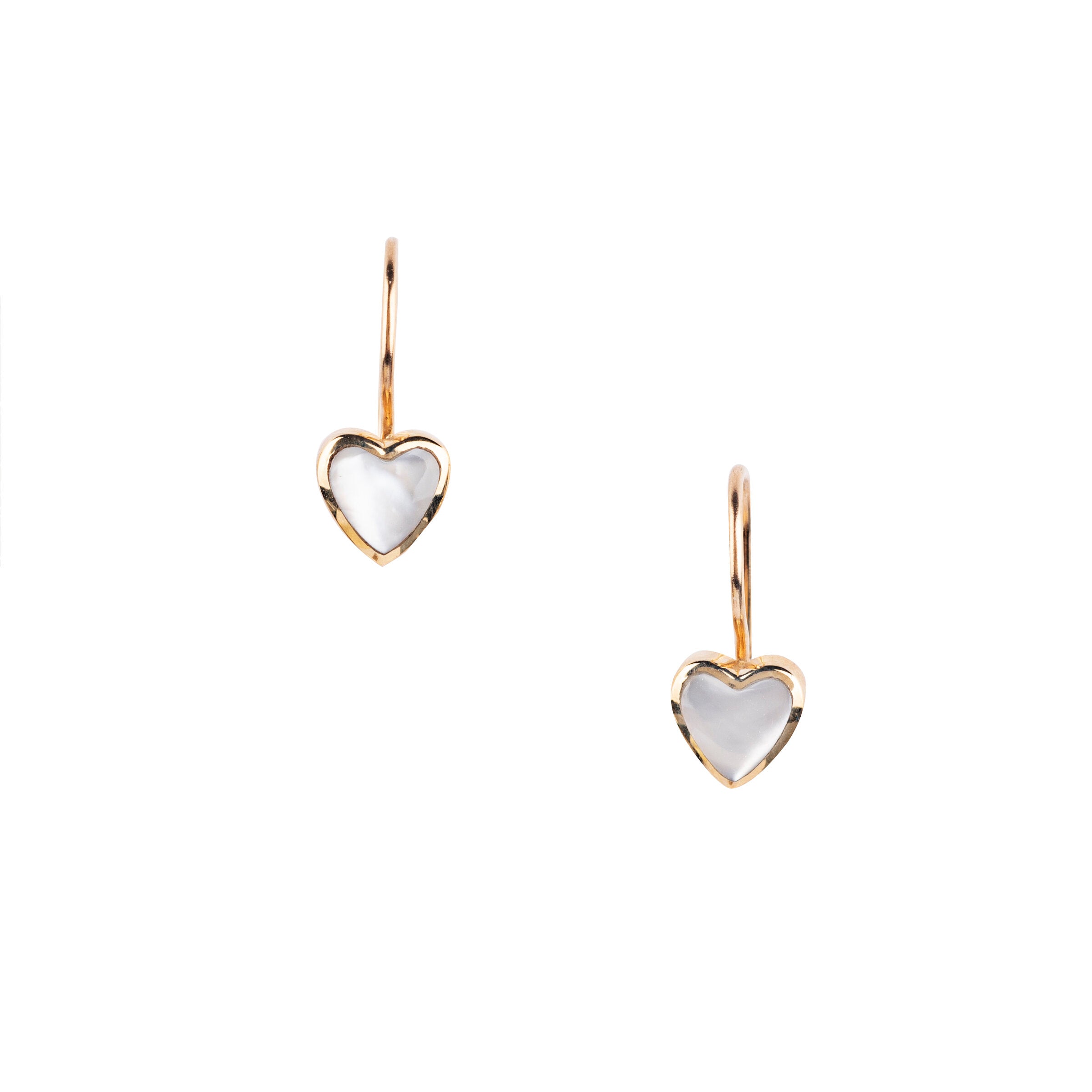 A pair of 14K gold earrings in the shape of a heart and featuring either mother of pearl or onyx stones in the center.